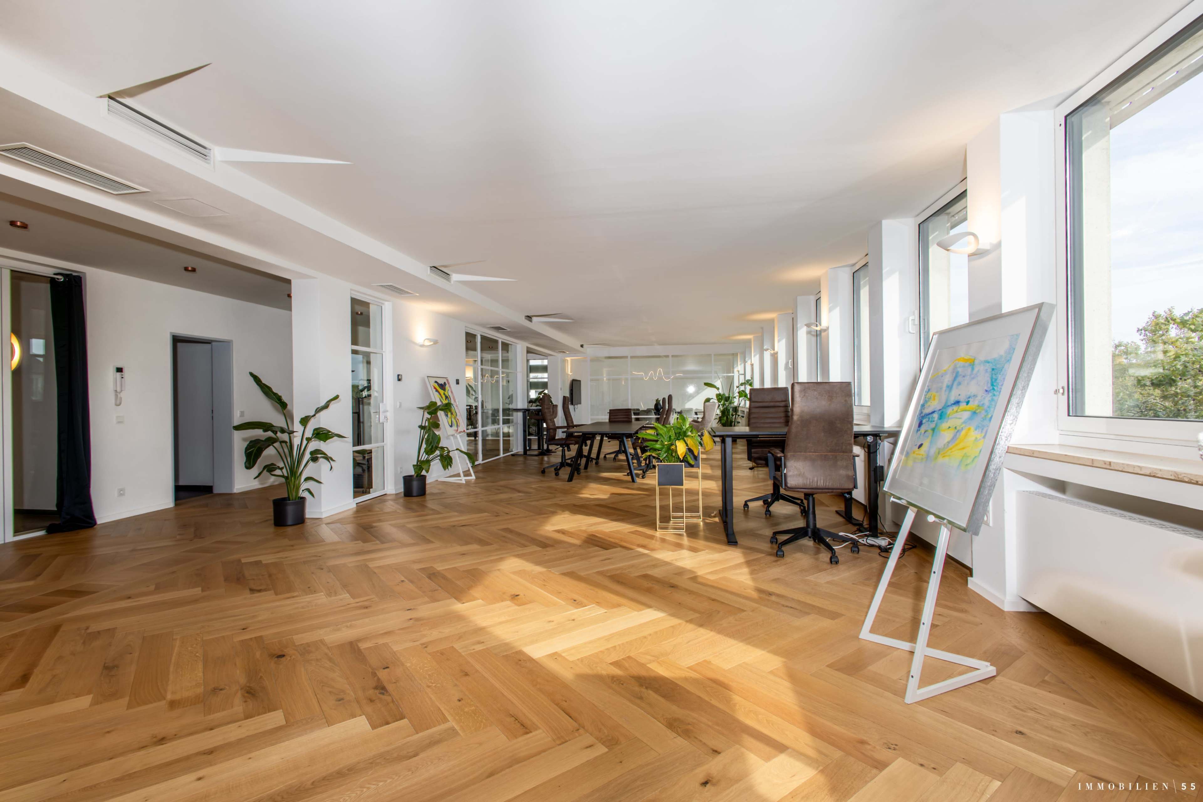 The image shows a spacious office environment with large windows, wooden flooring, several potted plants, and a meeting area featuring a table and chairs.
