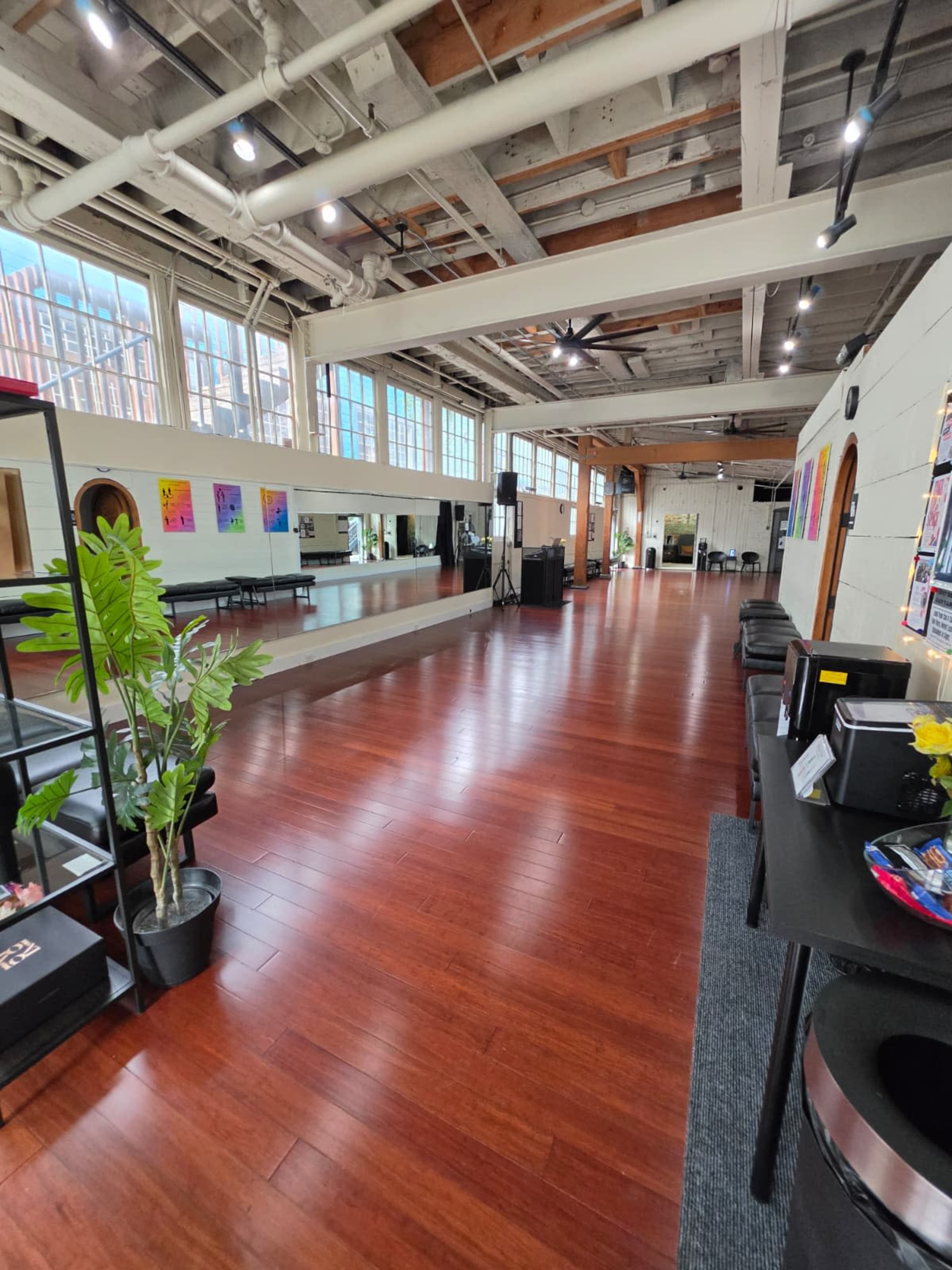 The image shows a spacious, well-lit studio with wooden floors, large windows, and a mirrored wall, accompanied by some potted plants and furniture along the sides.