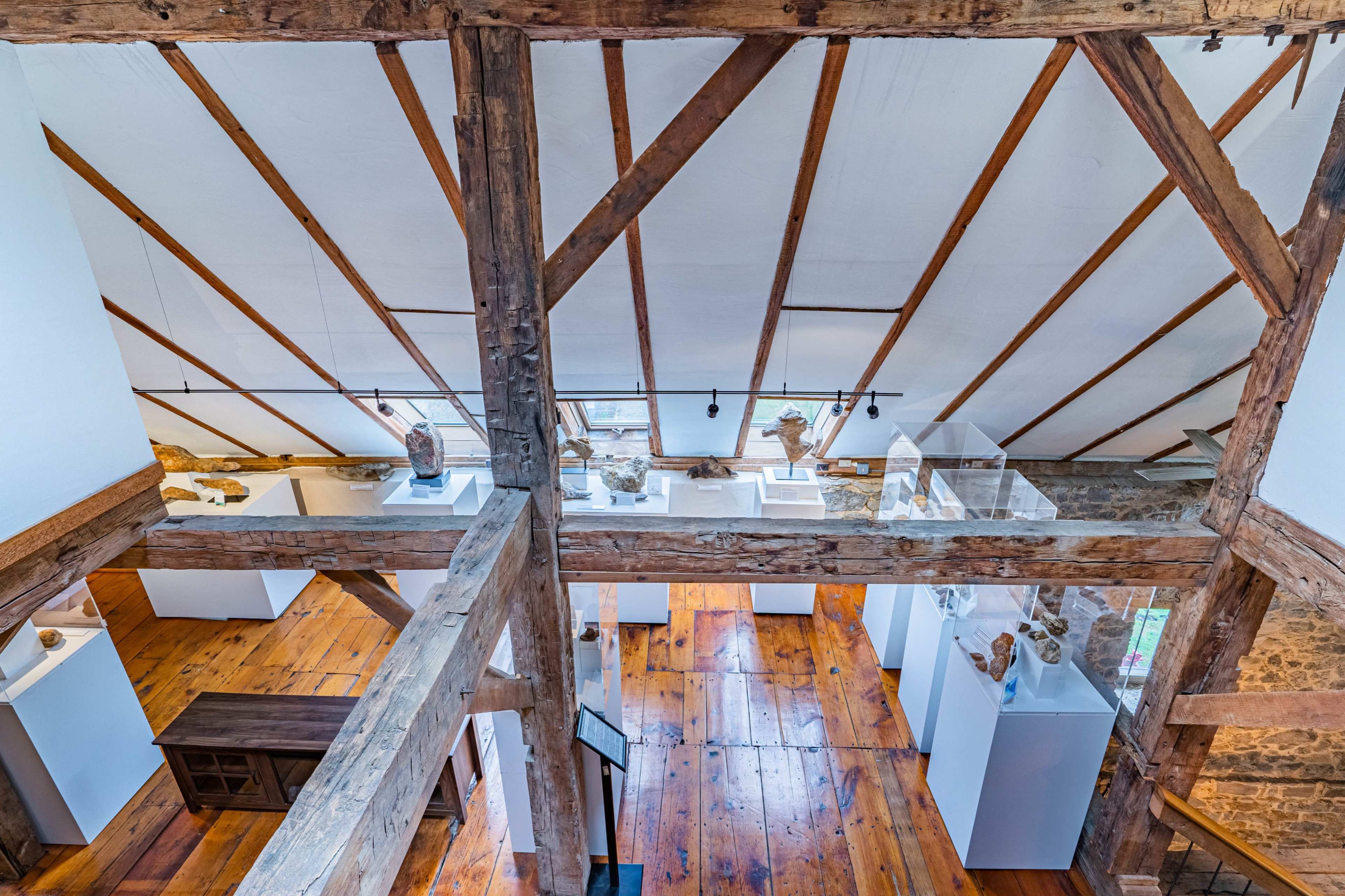 An interior view of a museum with wooden beams and sculptures displayed on white pedestals under a slanted roof.
