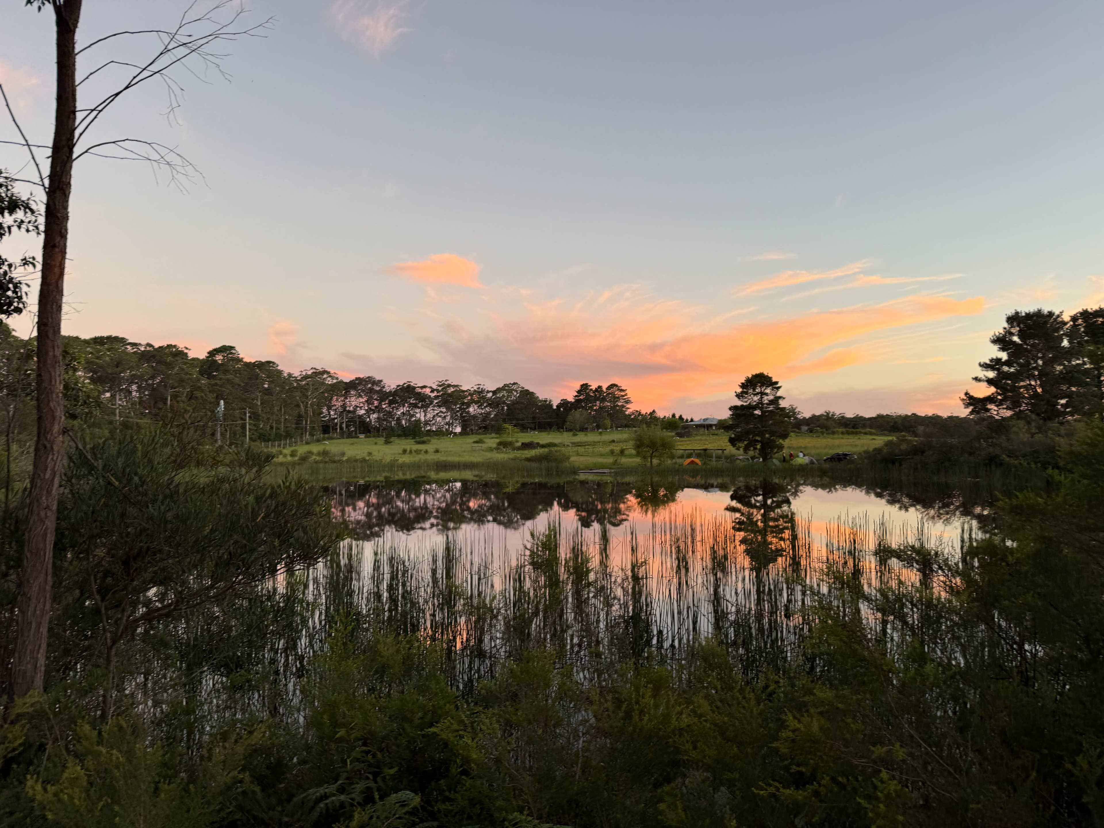 The image shows a calm pond surrounded by trees and vegetation, reflecting a colorful sunset in the sky.