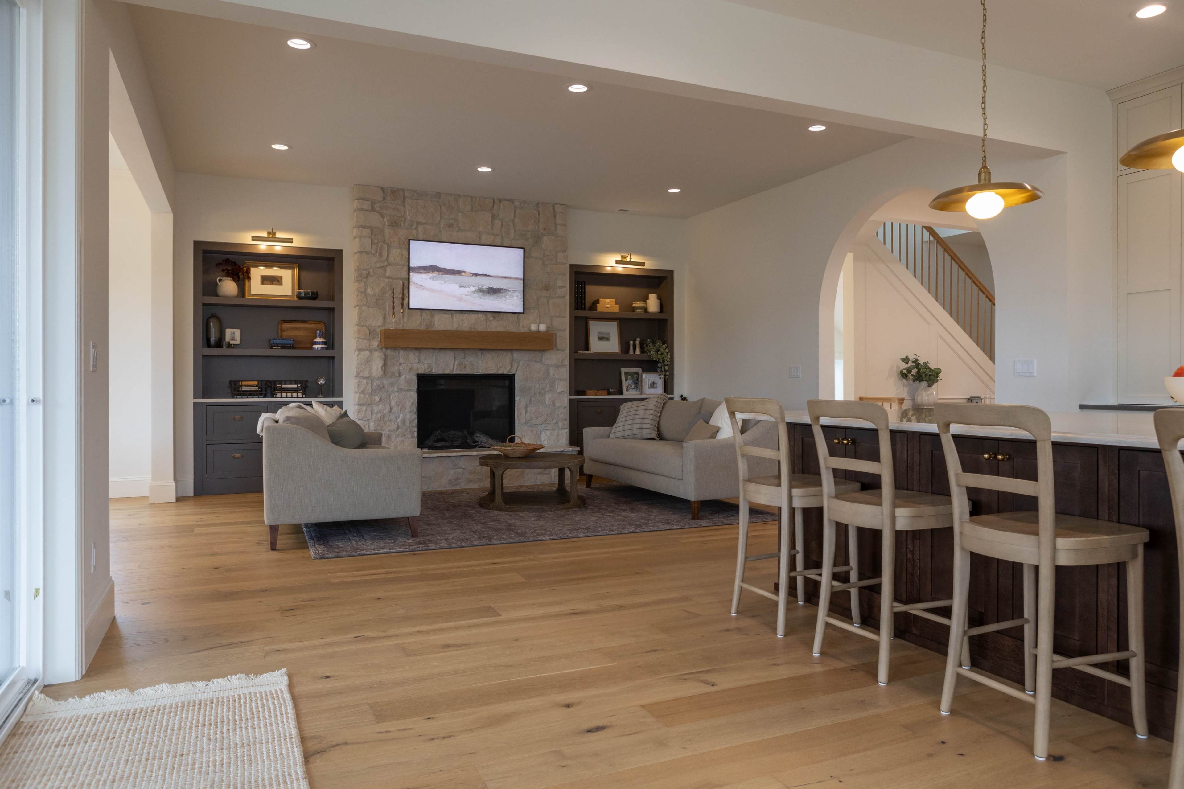 Modern Cottage with Stone Fireplace and Open Kitchen Image in Bryant, Seattle, WA