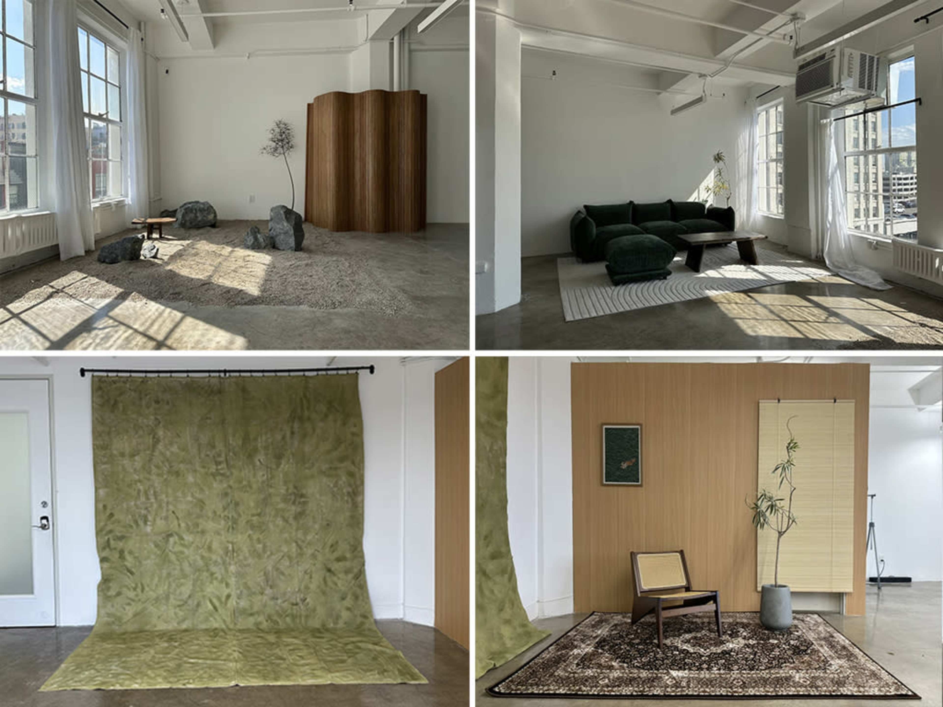 The image features four distinct interior scenes, showcasing modern, minimalist spaces with varying arrangements of furniture, textural elements, and decor.