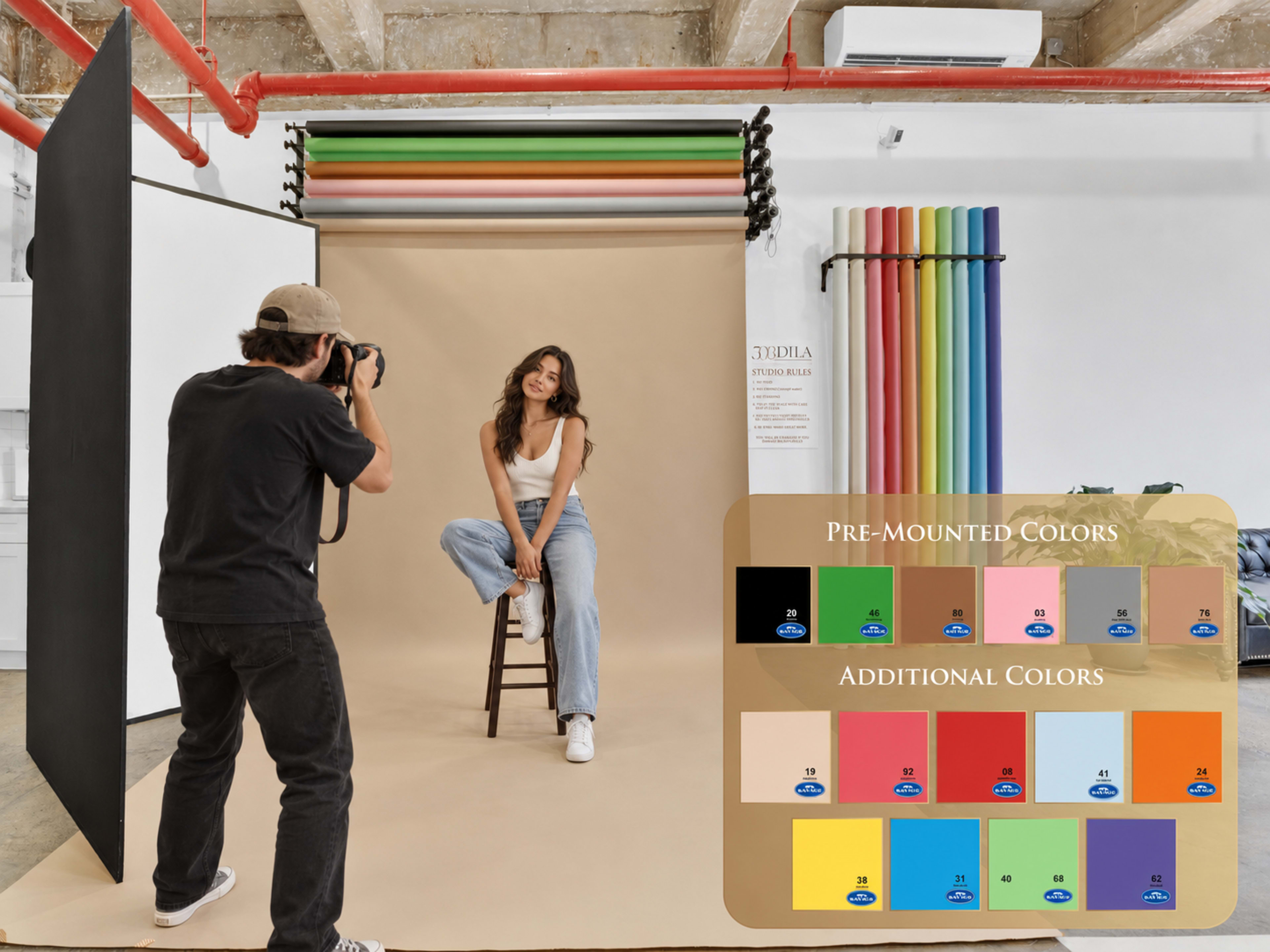 A photographer captures a model sitting on a stool in a studio featuring various colored backdrops.