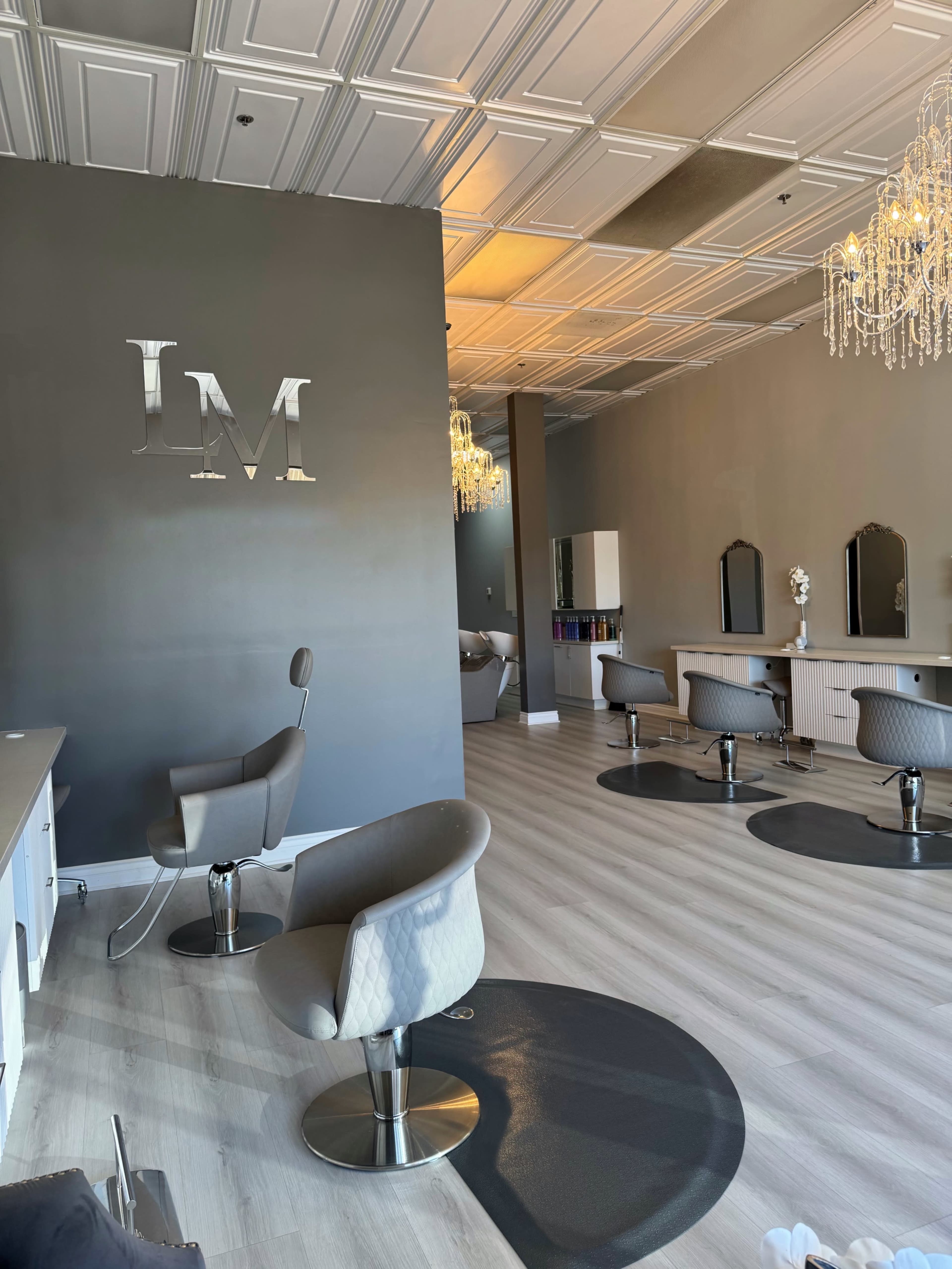 The image shows a modern salon interior with several styling chairs, mirrors, and chandeliers, all set against a gray wall featuring a large "IM" logo.