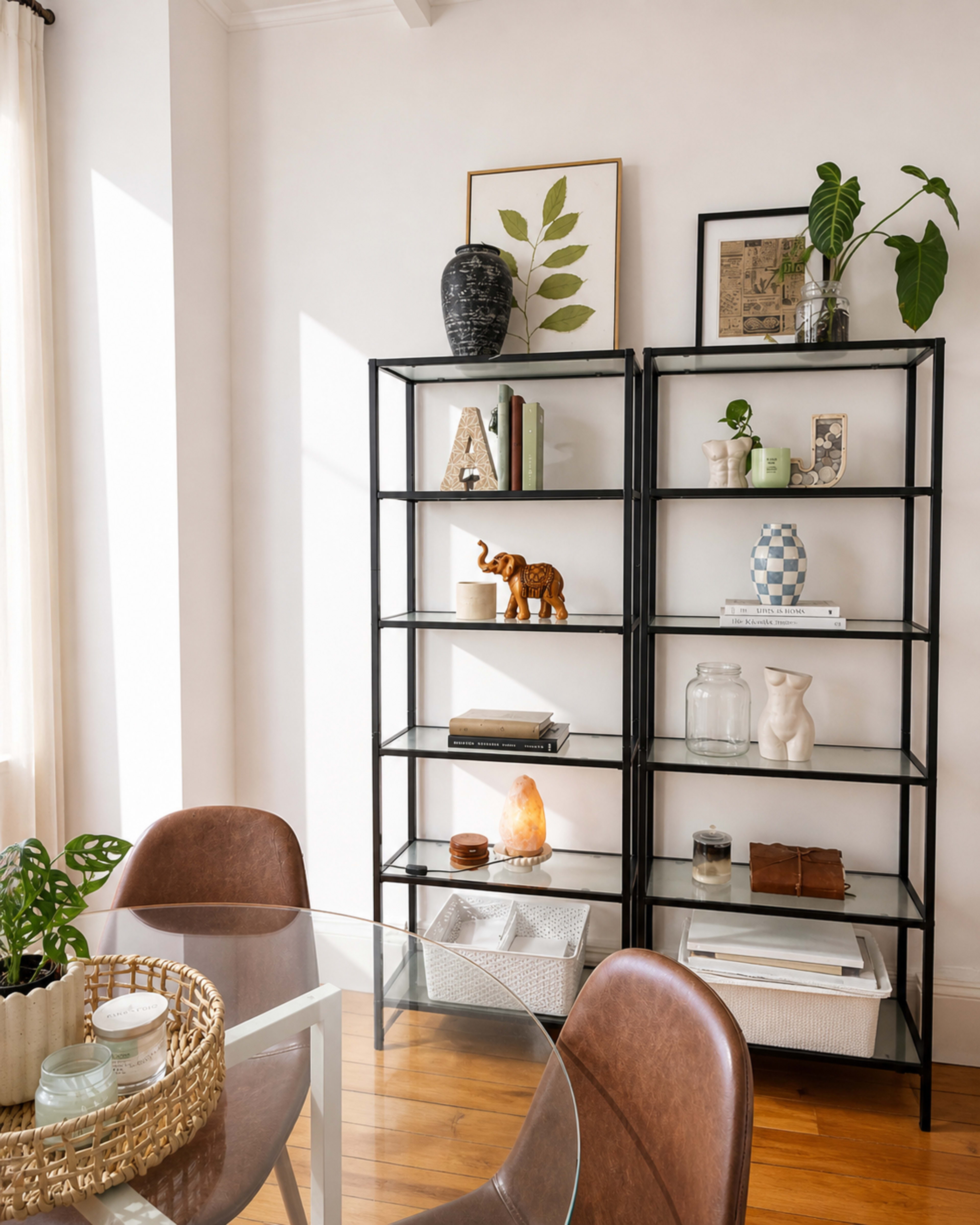 A modern dining area features a glass table surrounded by brown chairs, with two black shelving units displaying decorative items, plants, and books against a light-colored wall.