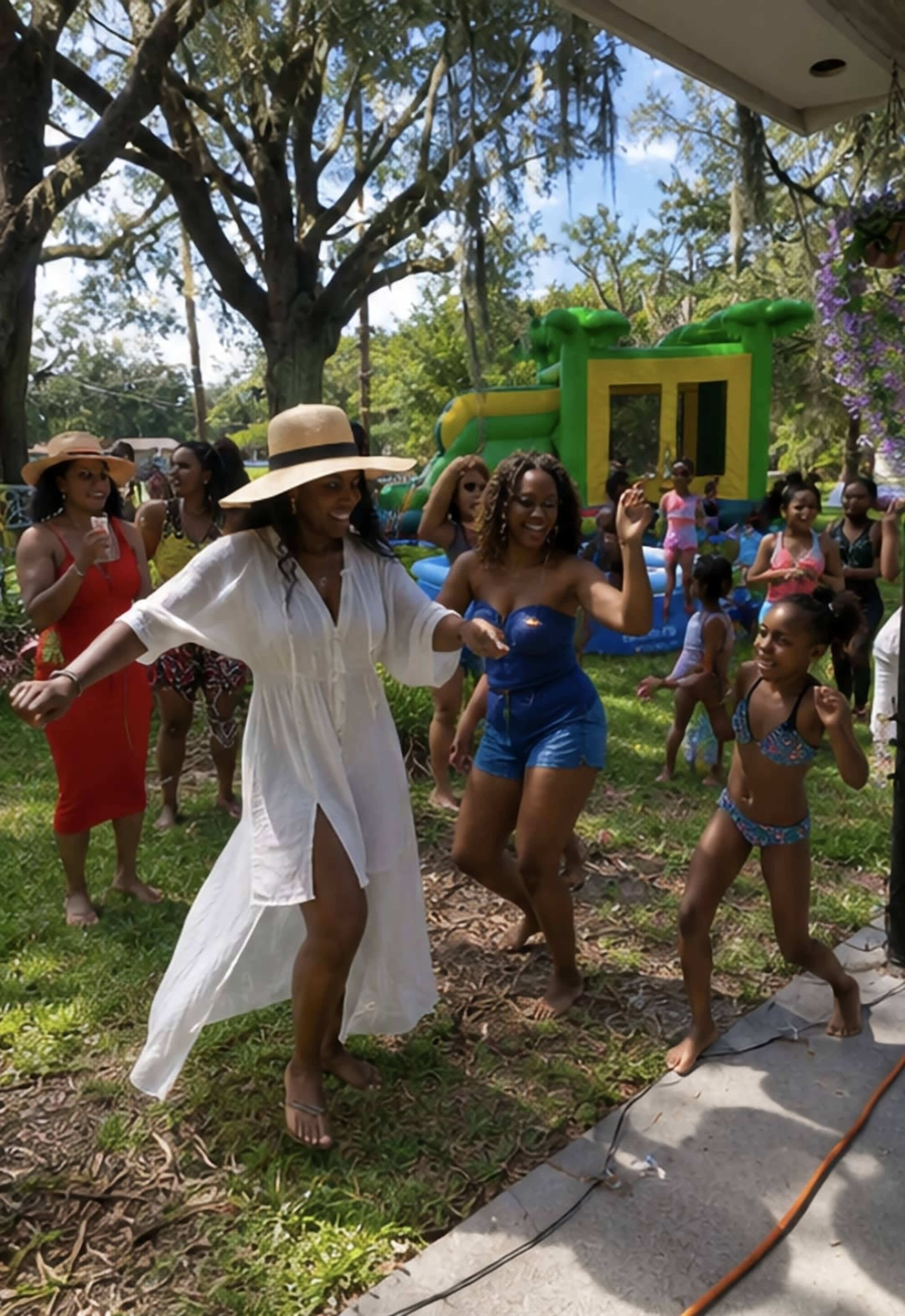 A group of women and children are dancing and enjoying a lively outdoor party in a green backyard, with a bounce house visible in the background.