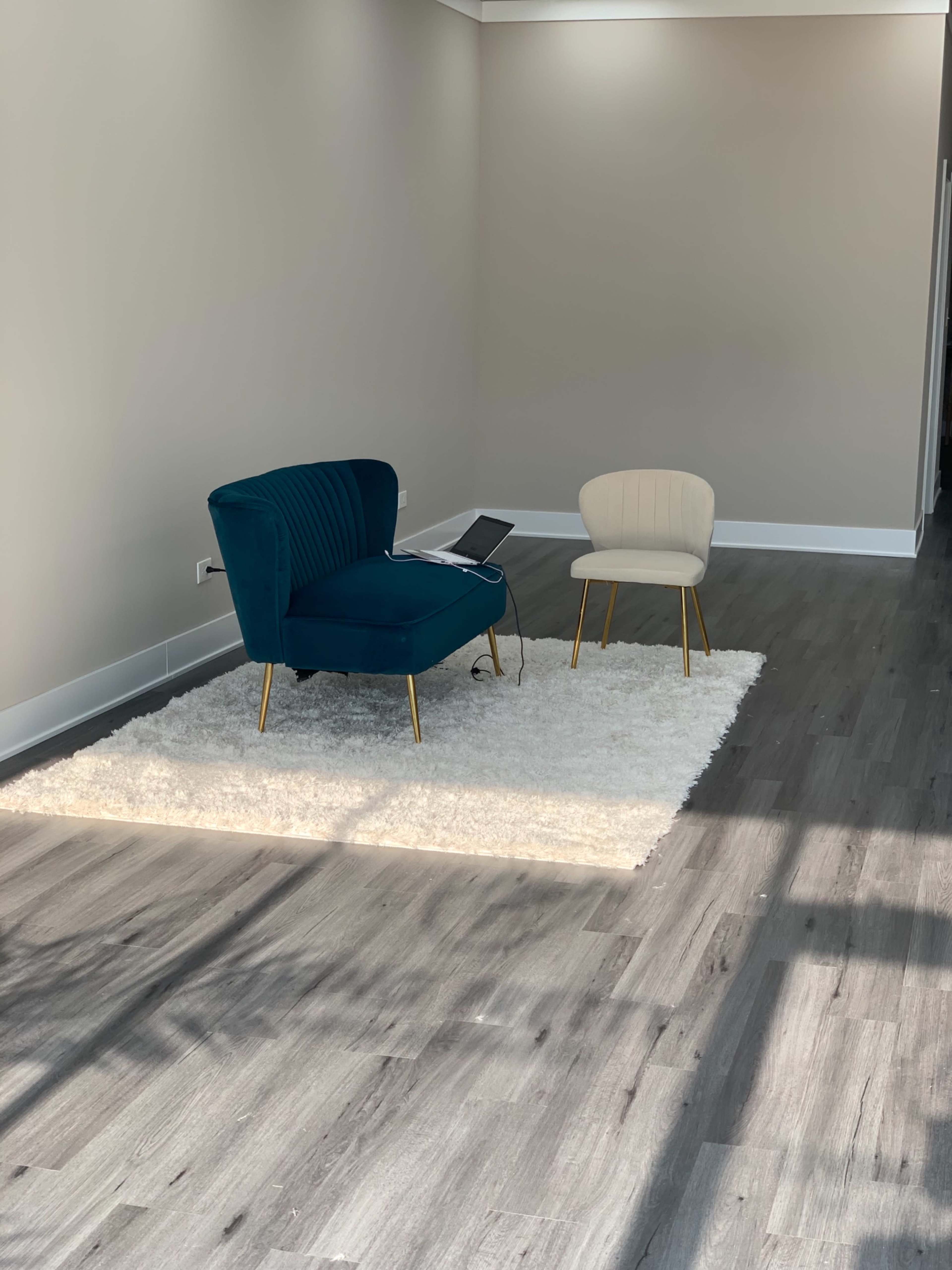 A minimalist room featuring a teal armchair and a beige chair placed on a white rug, with sunlight casting shadows on the wooden floor.