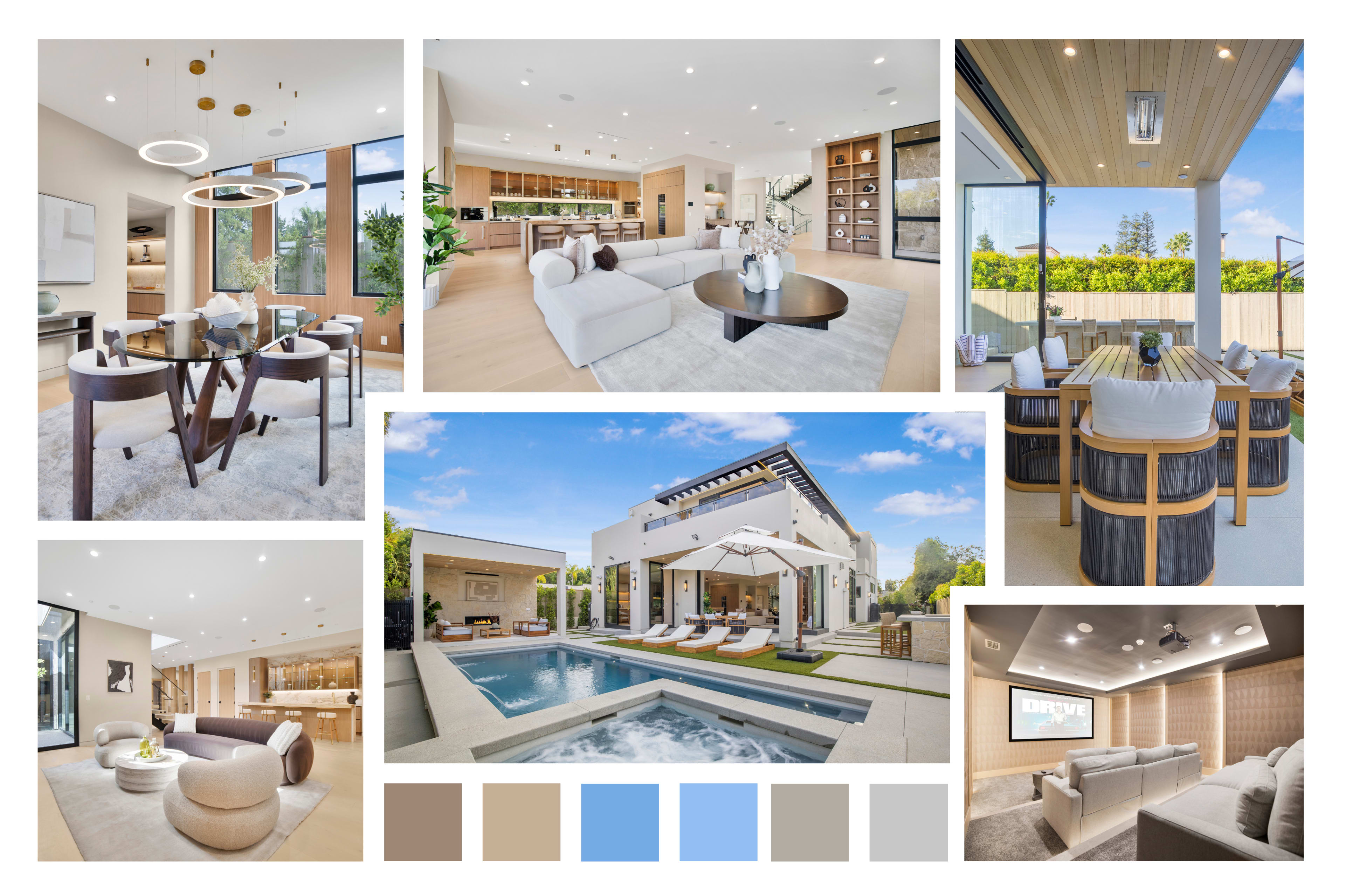 The image showcases a modern luxury home featuring an open-concept interior, a pool area with sun loungers, and outdoor seating arrangements.
