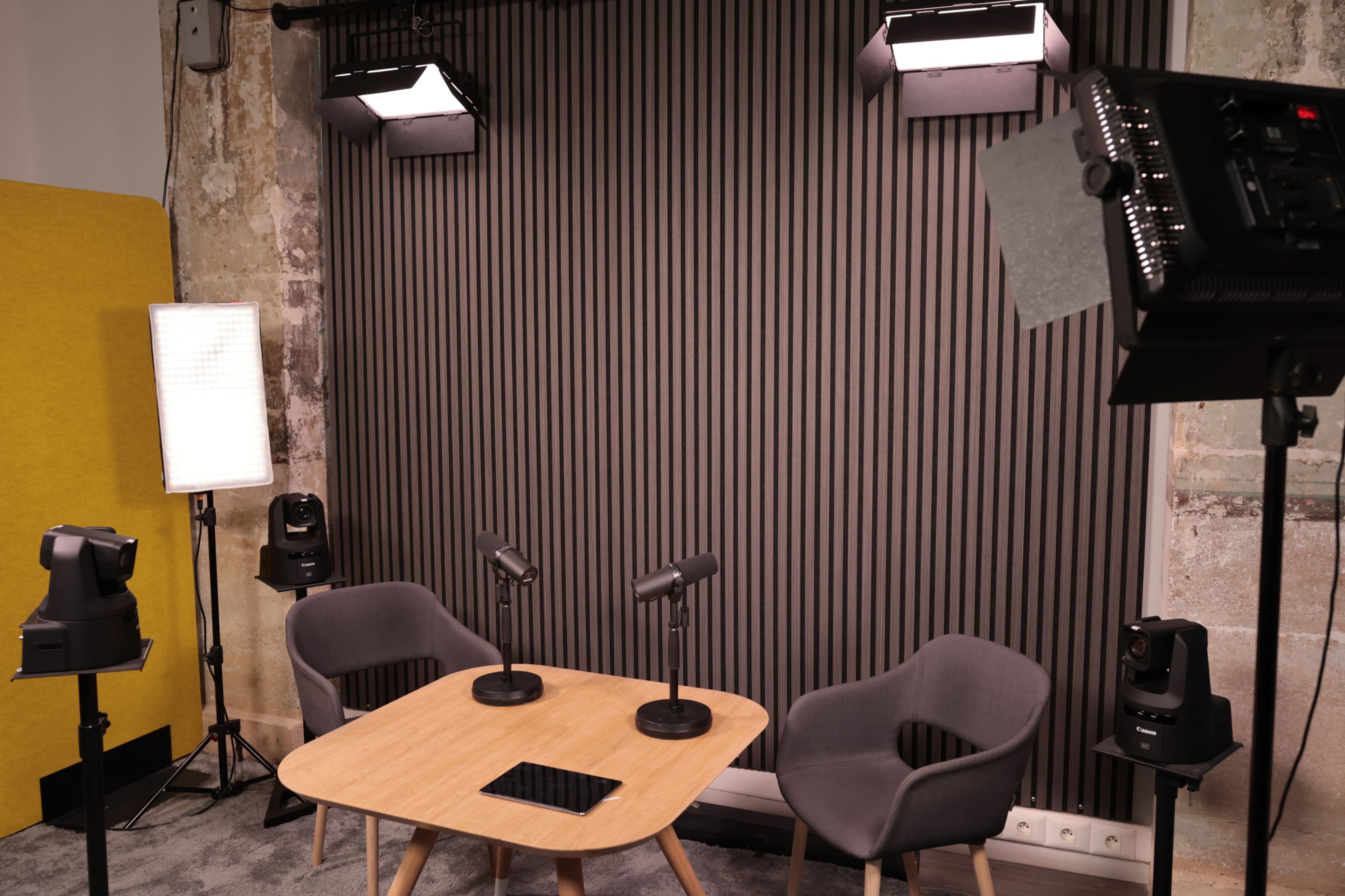 A video recording setup features a wooden table with two microphones and chairs, surrounded by professional lighting against a textured gray wall.