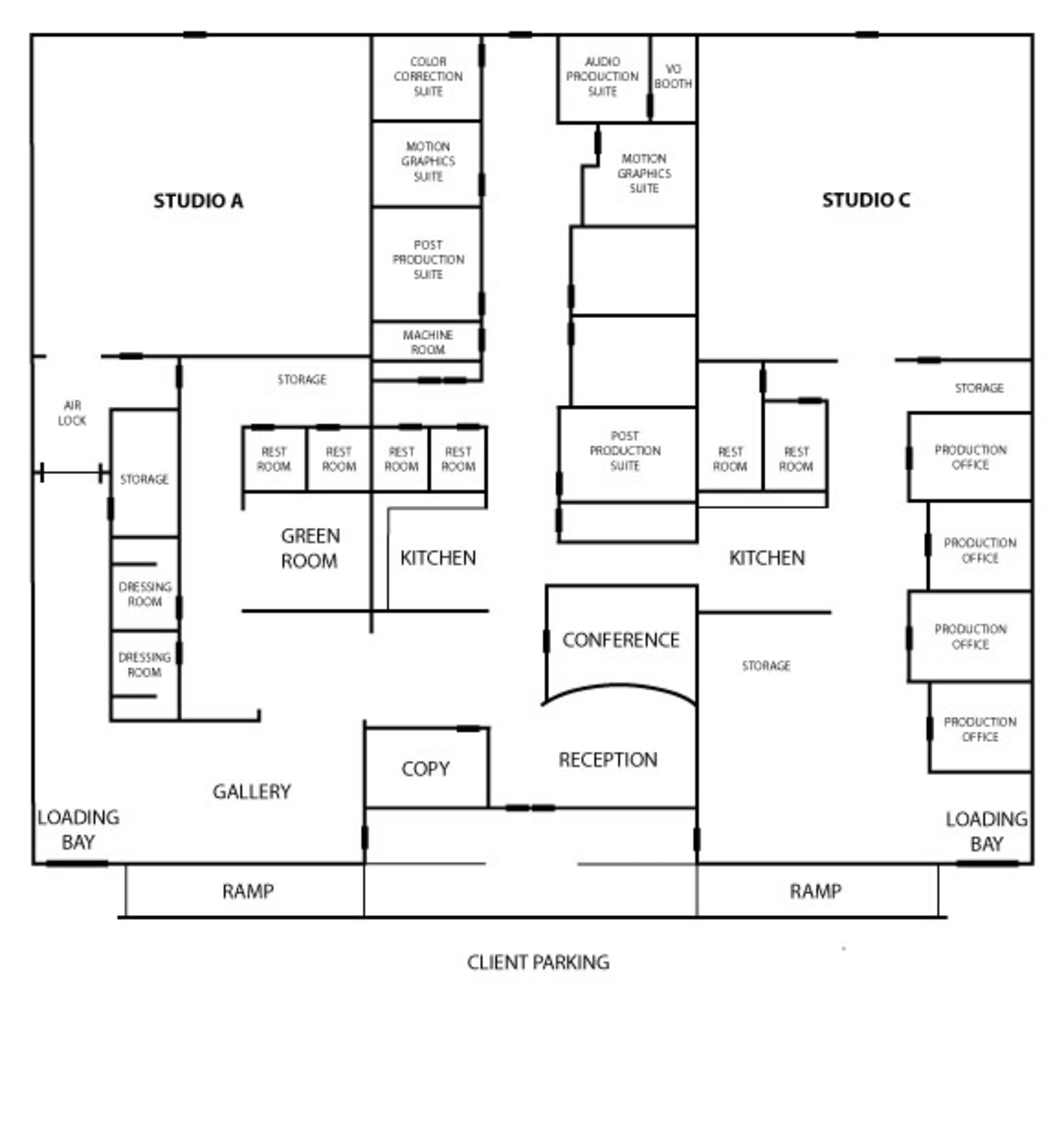 The diagram shows the floor plan of a studio facility, featuring multiple studios, kitchen areas, restrooms, a conference room, and designated spaces for loading and parking.