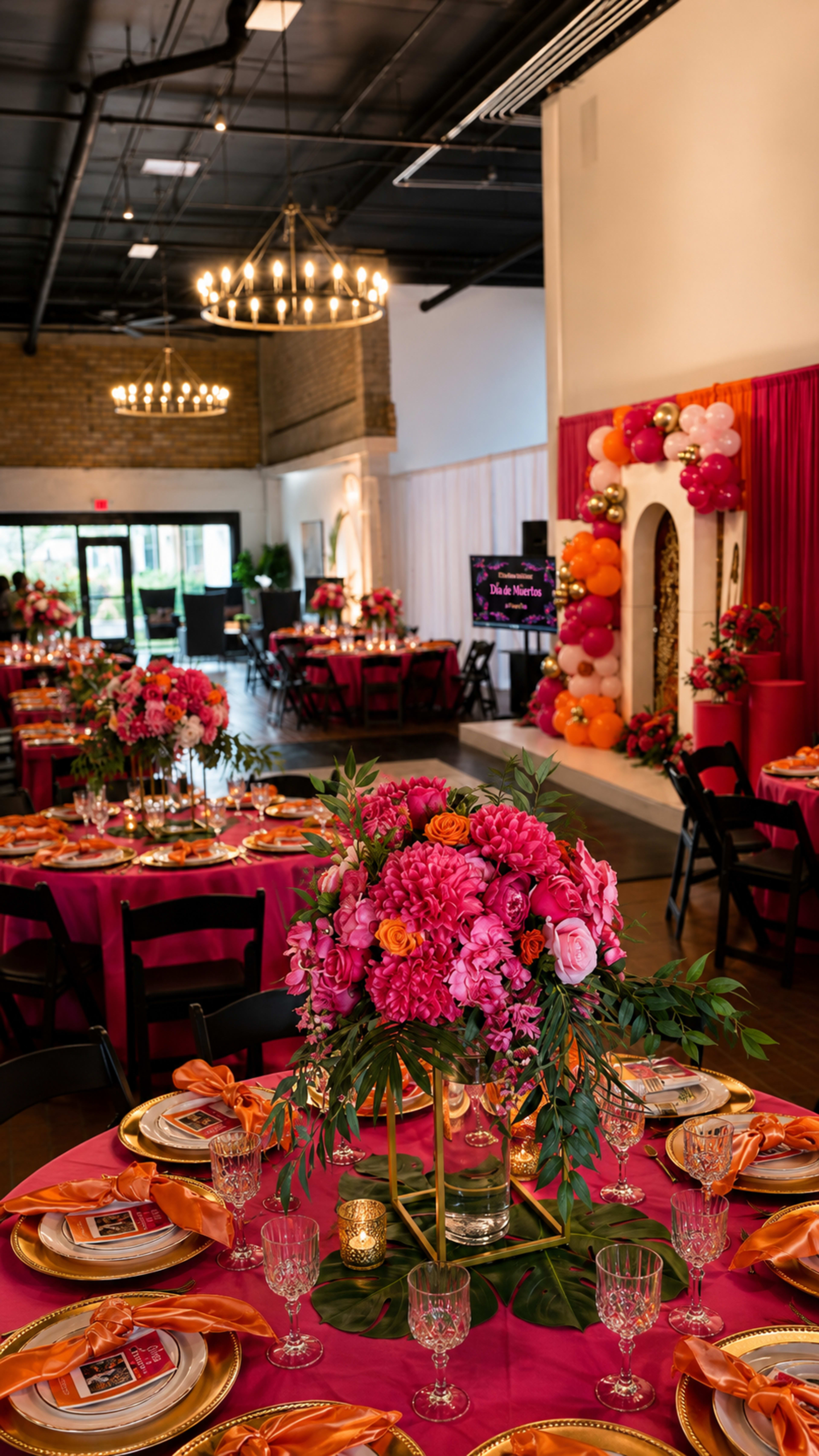 The image shows a beautifully decorated event space with tables set with pink and gold tableware, featuring vibrant floral centerpieces and a backdrop adorned with balloons.