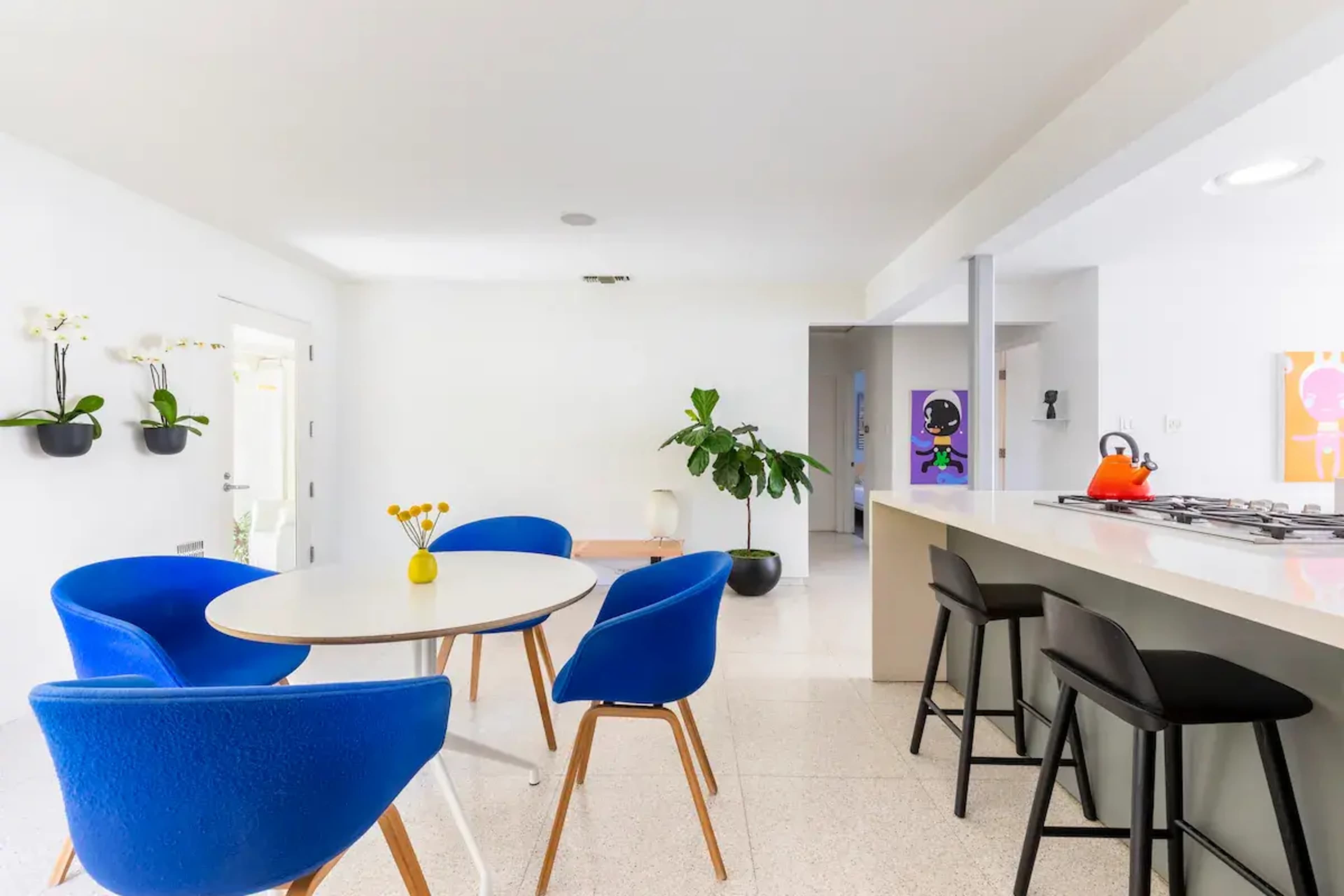 A modern kitchen and dining area features a round table surrounded by blue chairs, with a plant and artwork visible in the background.