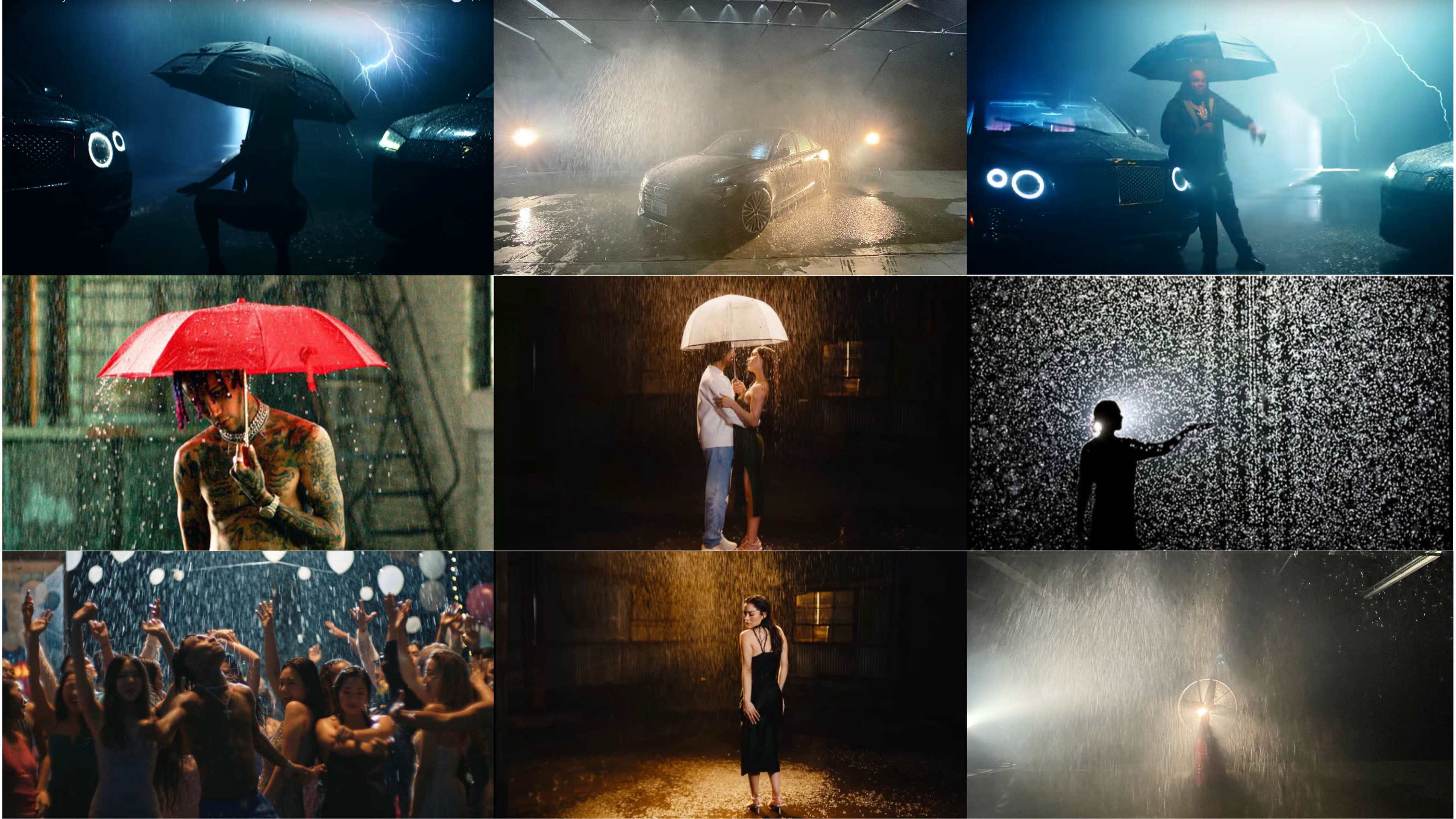 Various scenes of individuals and couples sheltering under umbrellas in heavy rain, amidst dramatic lighting and diverse settings.