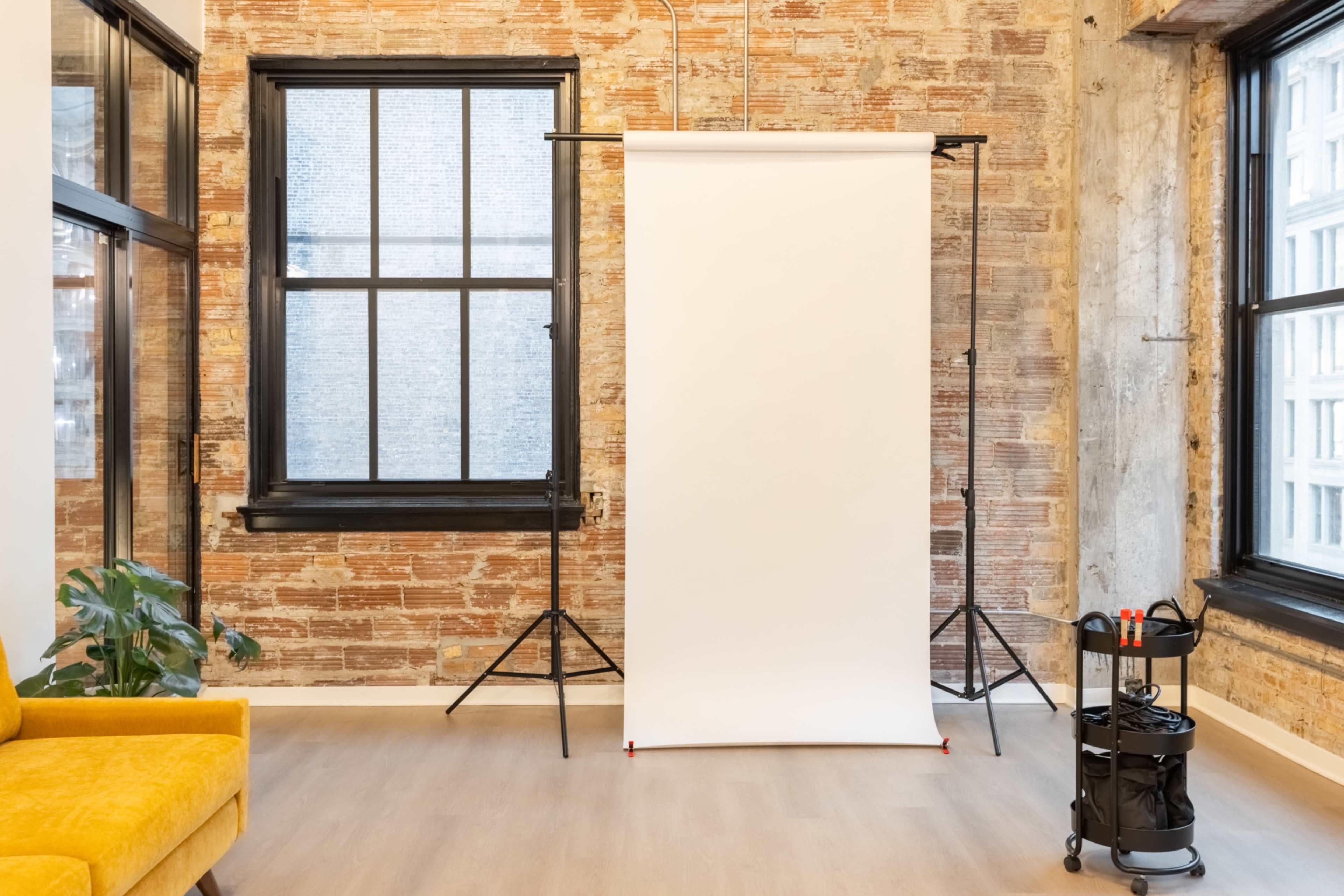 The scene shows a photography studio with a blank backdrop, a green plant, and a black cart containing photography equipment, surrounded by exposed brick walls and large windows.