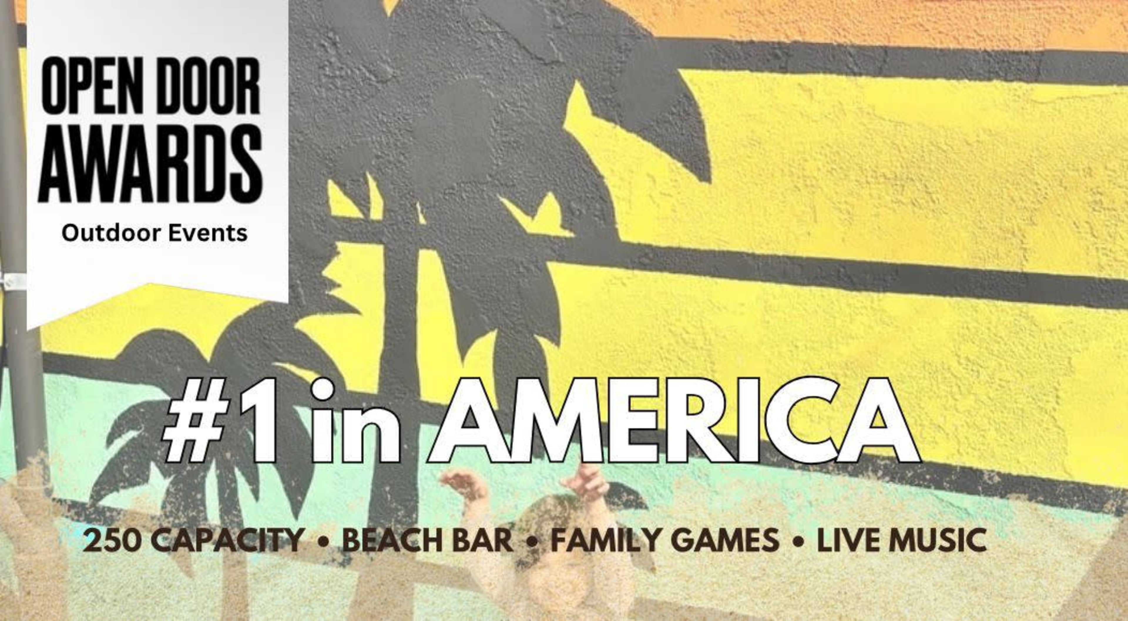 Outdoor events at a beach bar, highlighting its capacity of 250, family games, and live music.