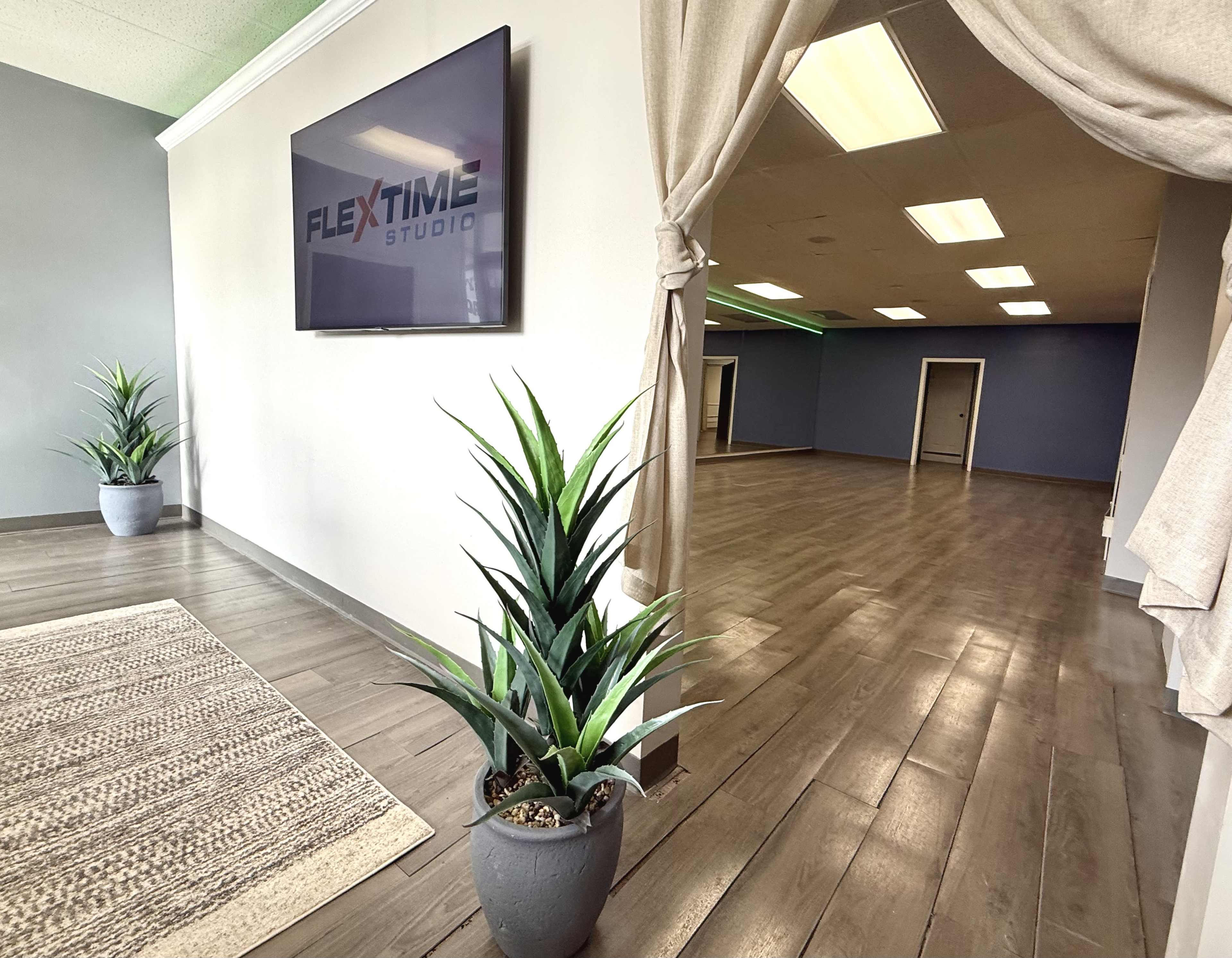 The image shows the interior of a studio space featuring a large screen displaying "FLEXTIME STUDIO," with potted plants and a view into an empty room beyond.