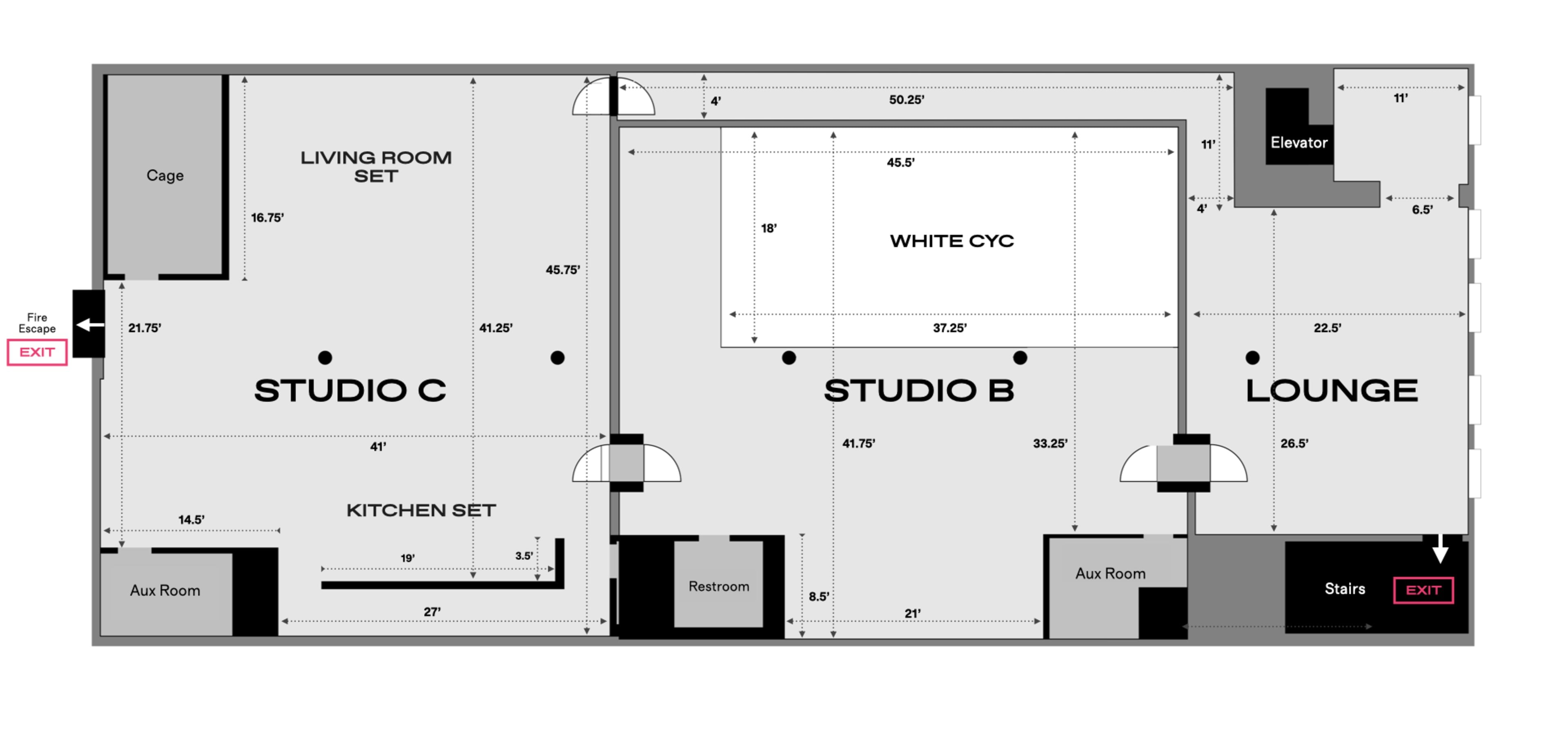 A floor plan layout of a production space, including three studios labeled A, B, and C, a living room set, a kitchen set, a lounge, restrooms, and exits.
