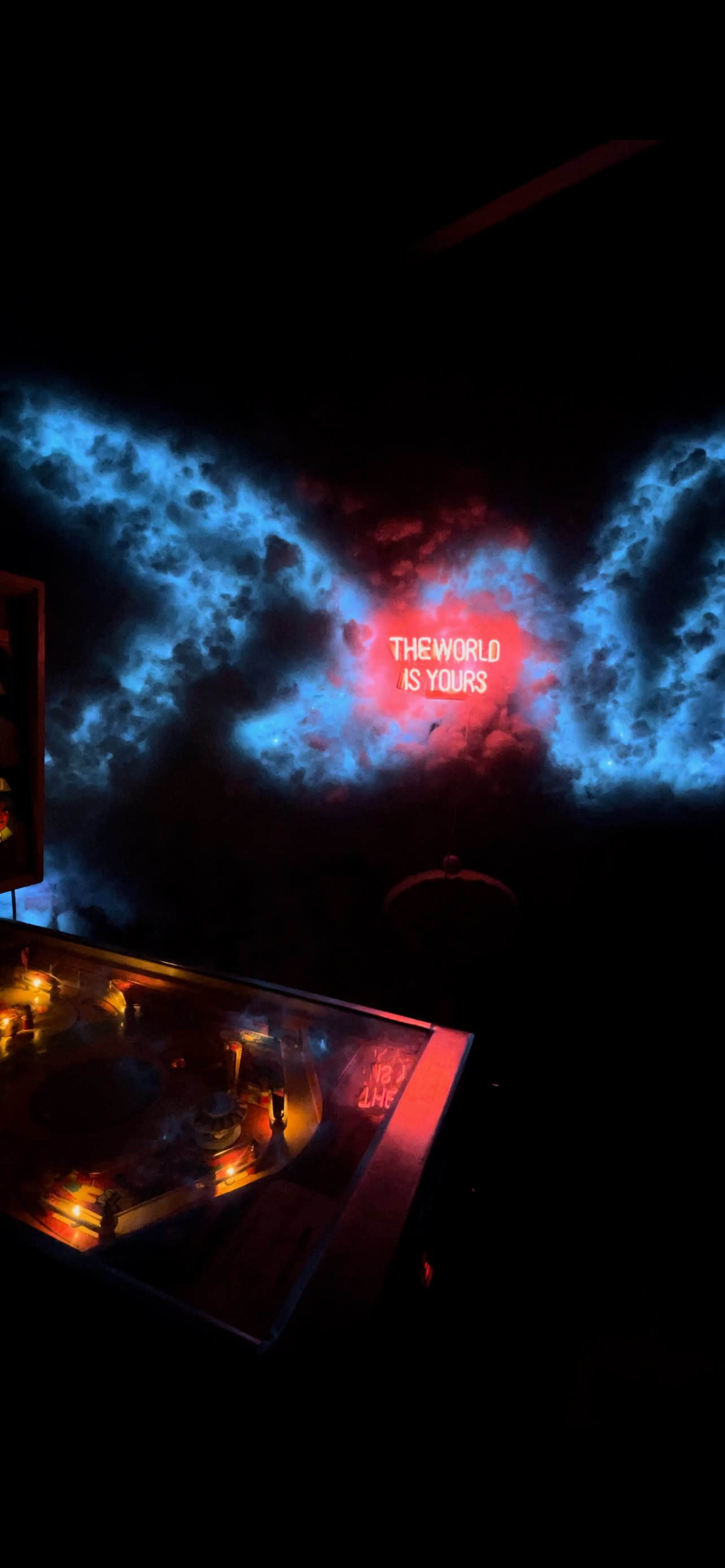 The image features a dimly lit room with a pinball machine in the foreground and glowing blue and red lights on the wall that read "THE WORLD AS YOURS."