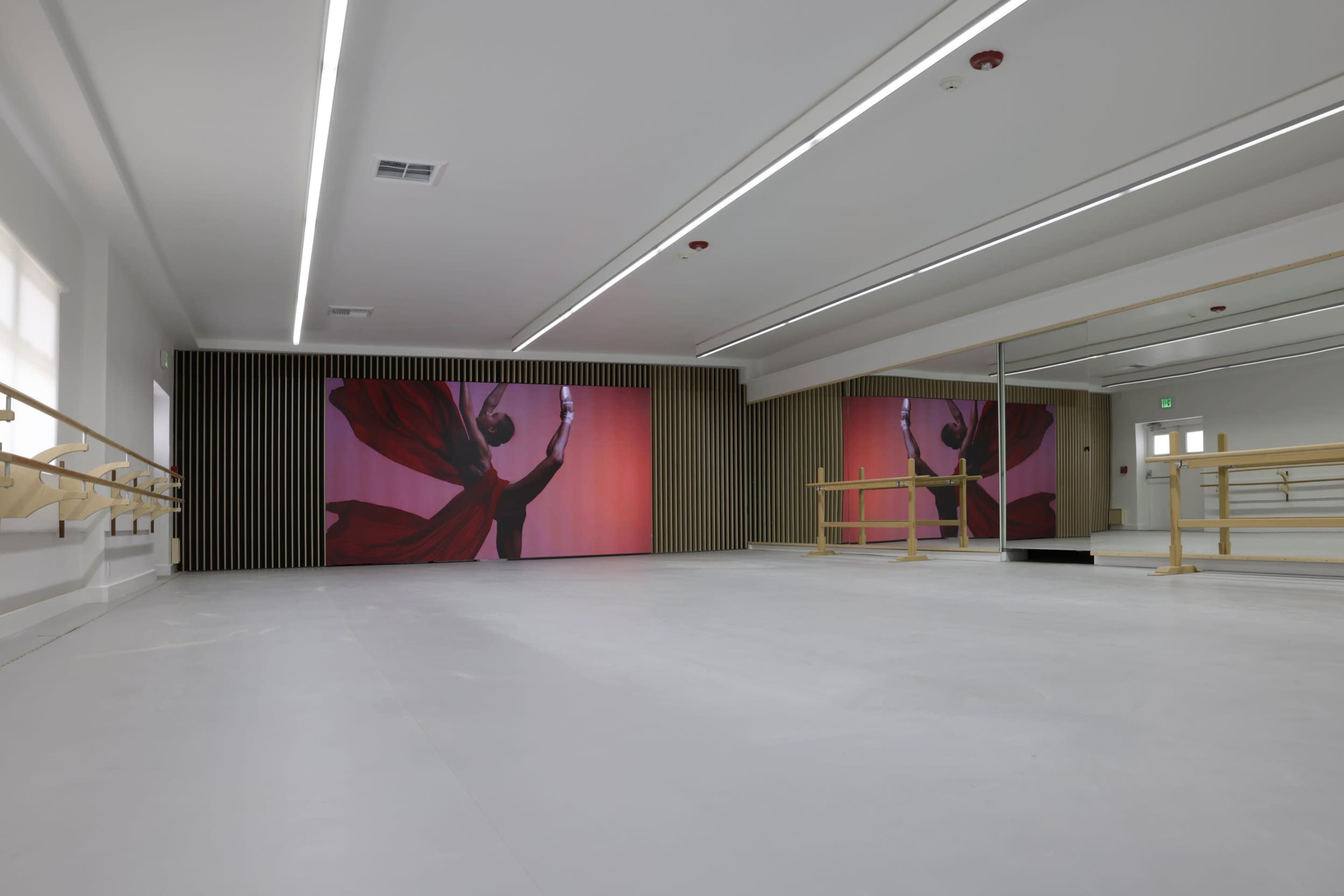 A large dance studio featuring a smooth floor, ballet bars along the walls, and striking wall artwork of a dancer.