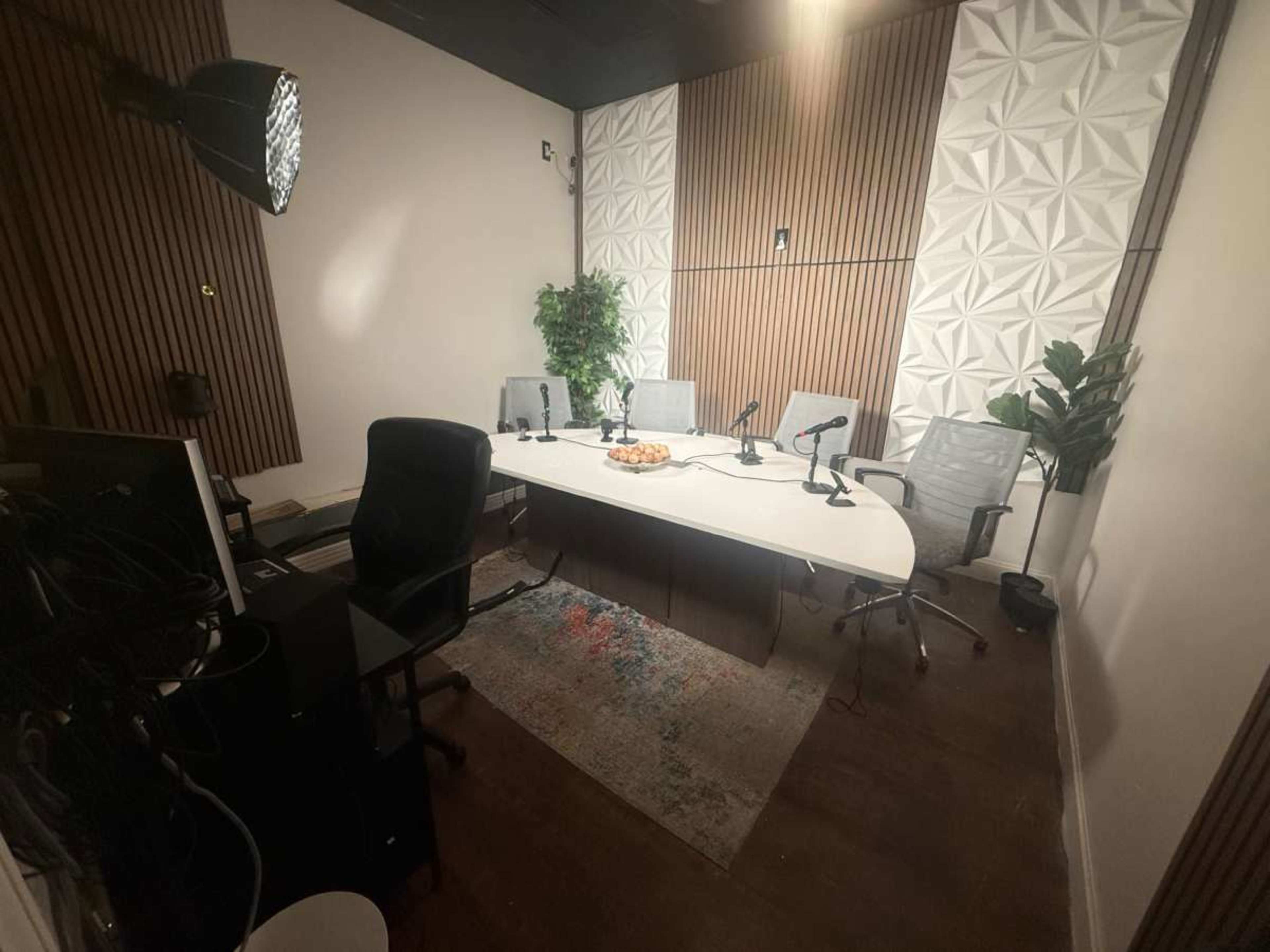 A modern, well-lit podcast studio features a large table surrounded by several chairs, with plants and decor on the walls.
