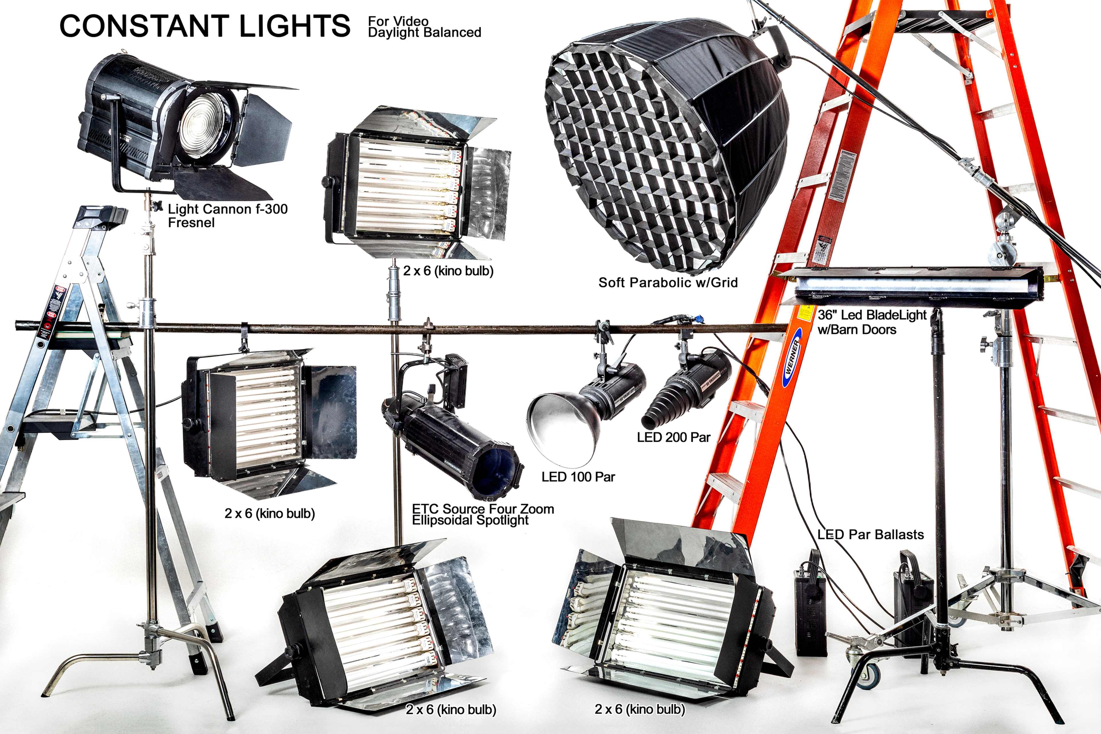Various types of constant lights for video production, including LED lights and Fresnel fixtures, arranged on a lighting stand alongside a ladder.