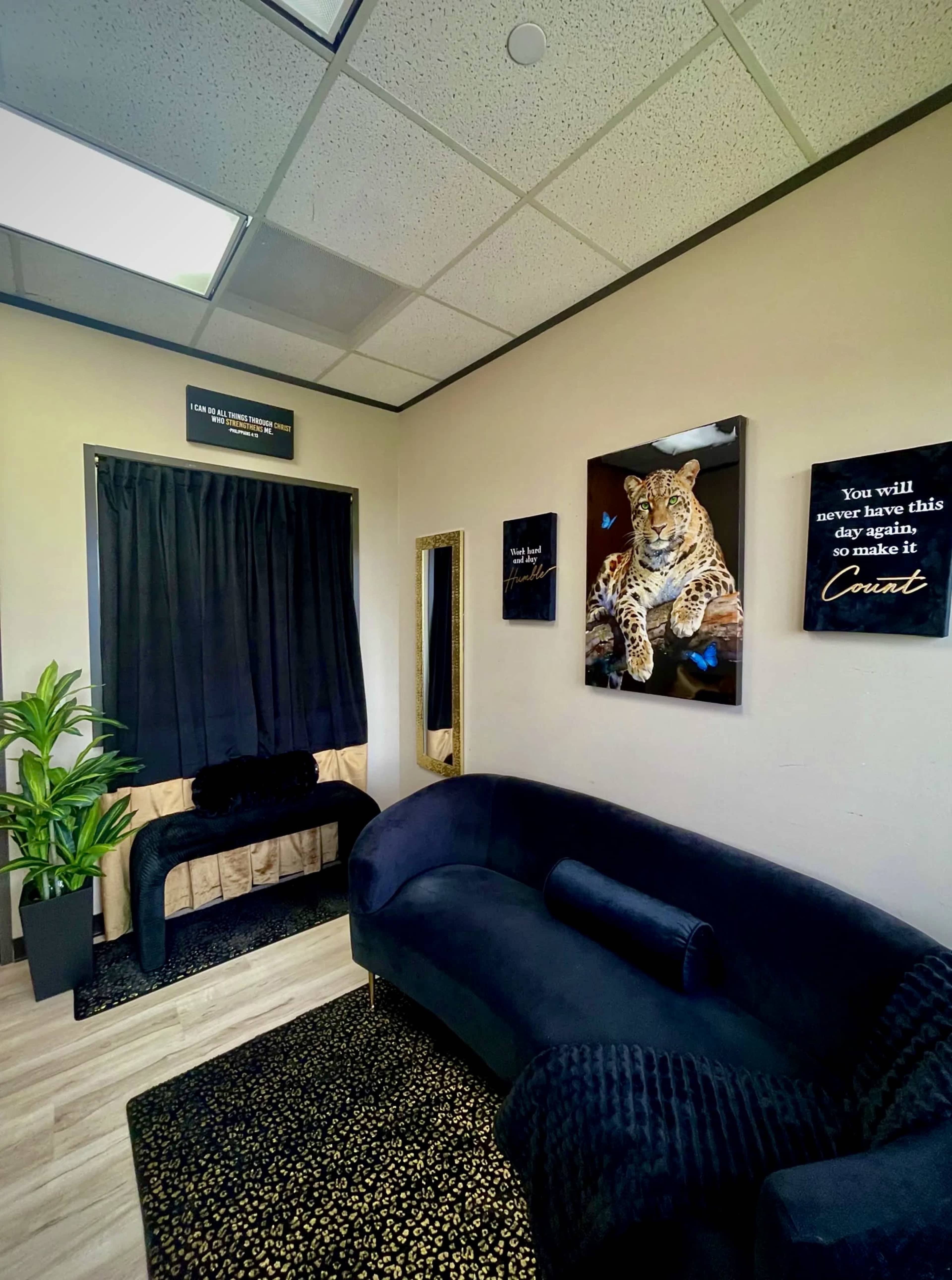 The image shows a cozy room with a black sofa, a decorative leopard-themed wall art piece, and a plant positioned next to a curtain-covered window.