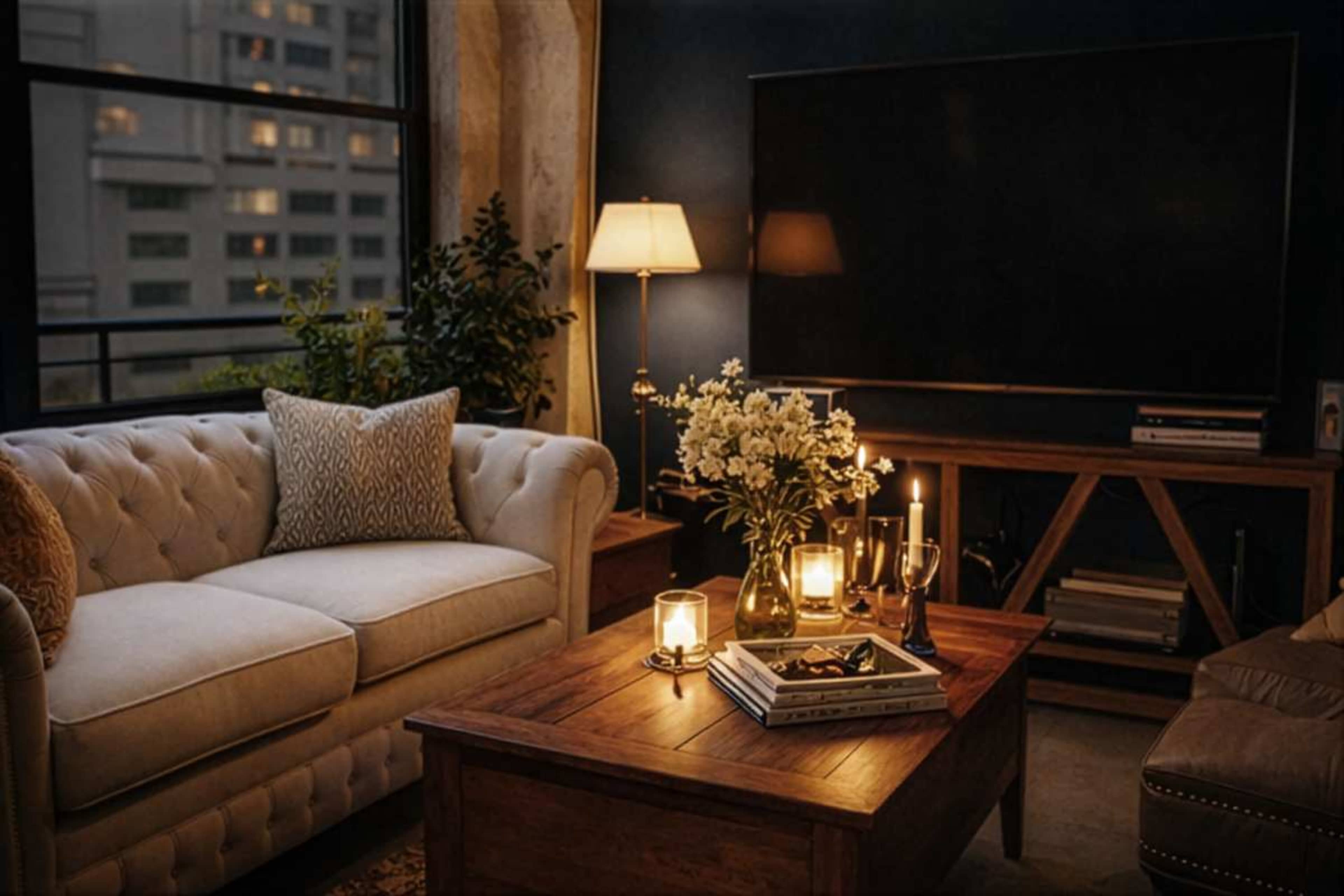 A cozy living room features a tufted sofa, a wooden coffee table adorned with candles and books, and a large television in a dimly lit space with a floor lamp and decorative plants.