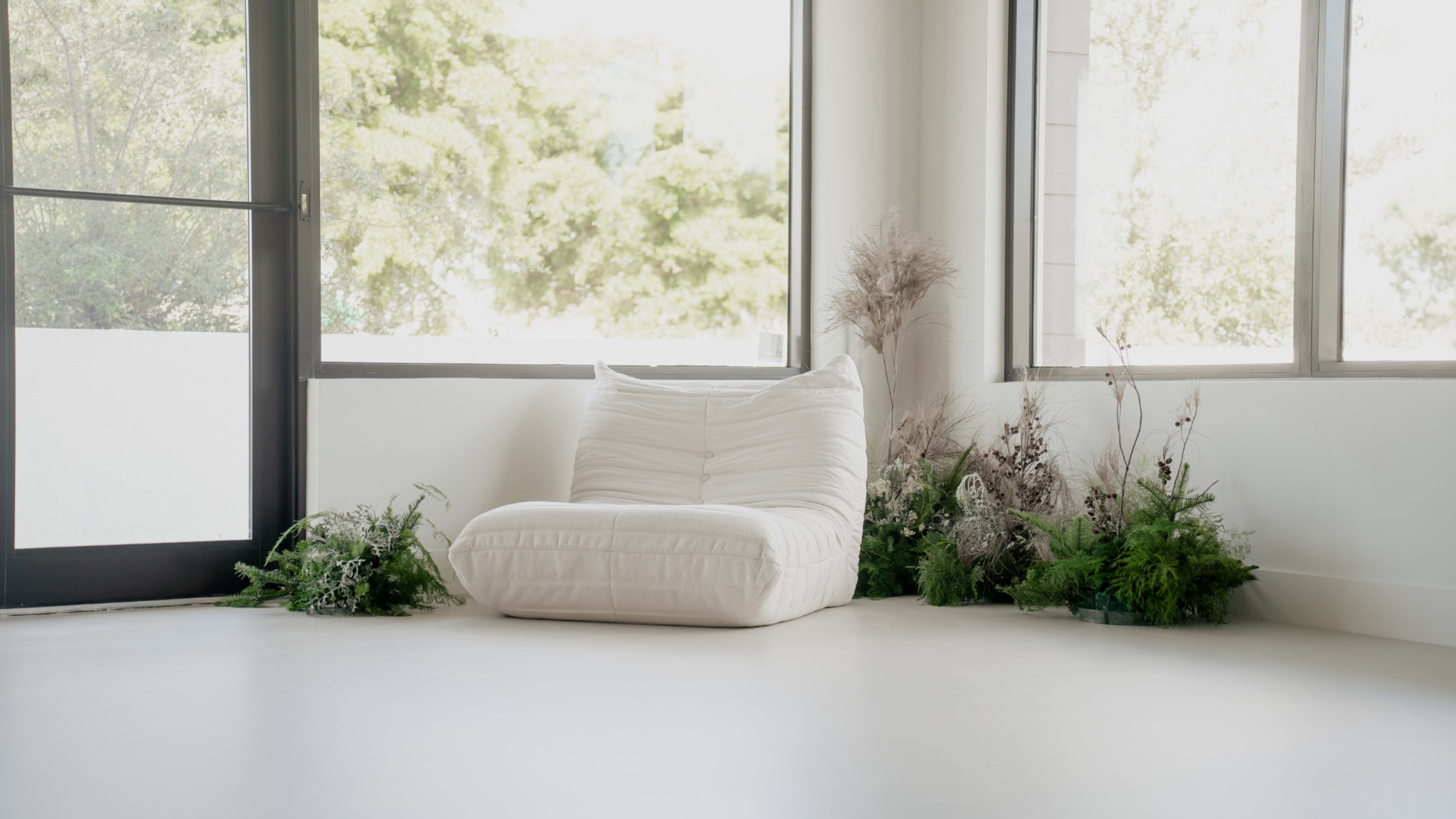 A white cushion sits on a light floor next to small plants in a bright room with large windows.