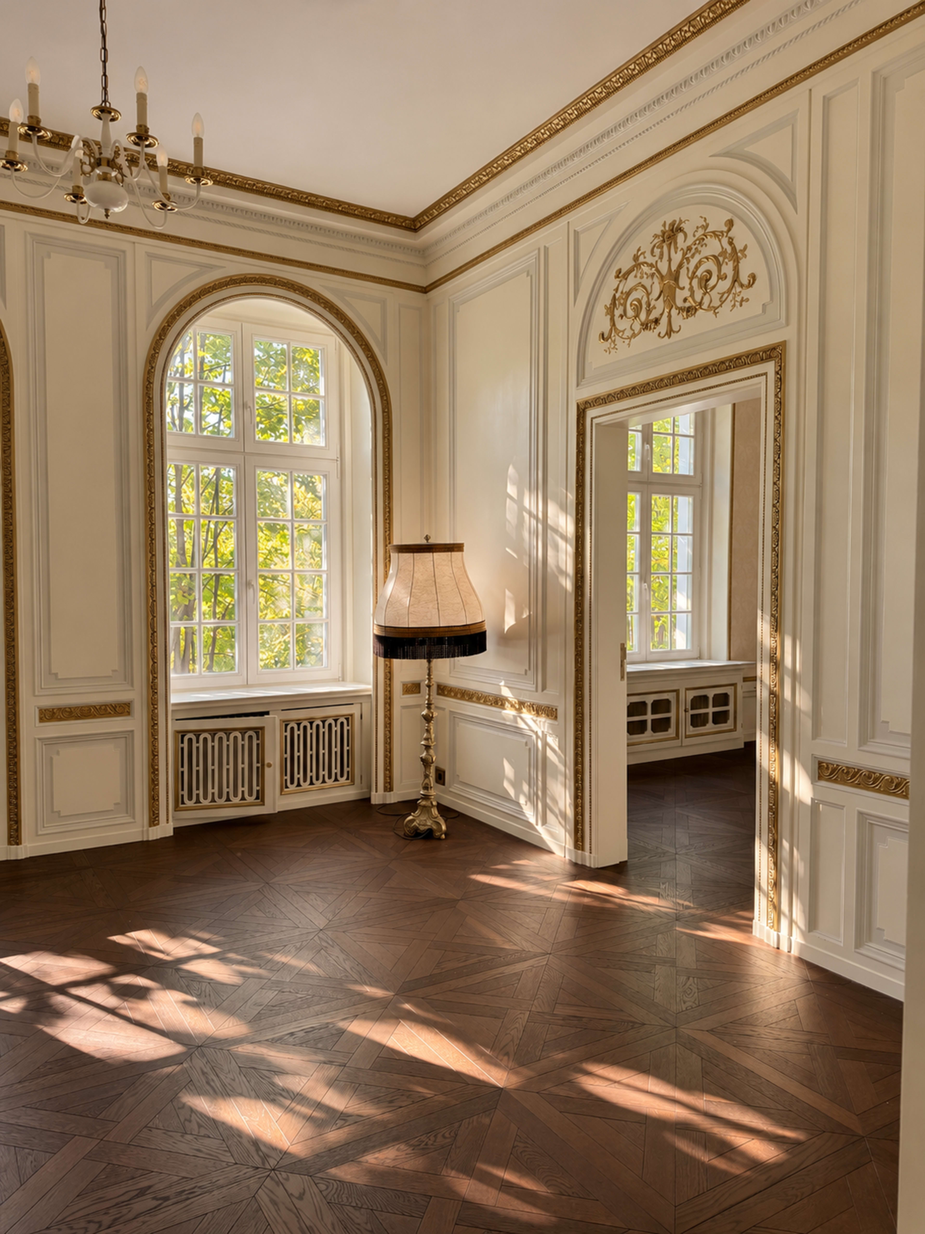 The image shows an elegant room with large windows, a decorative lamp, and intricate wall molding, illuminated by natural light.