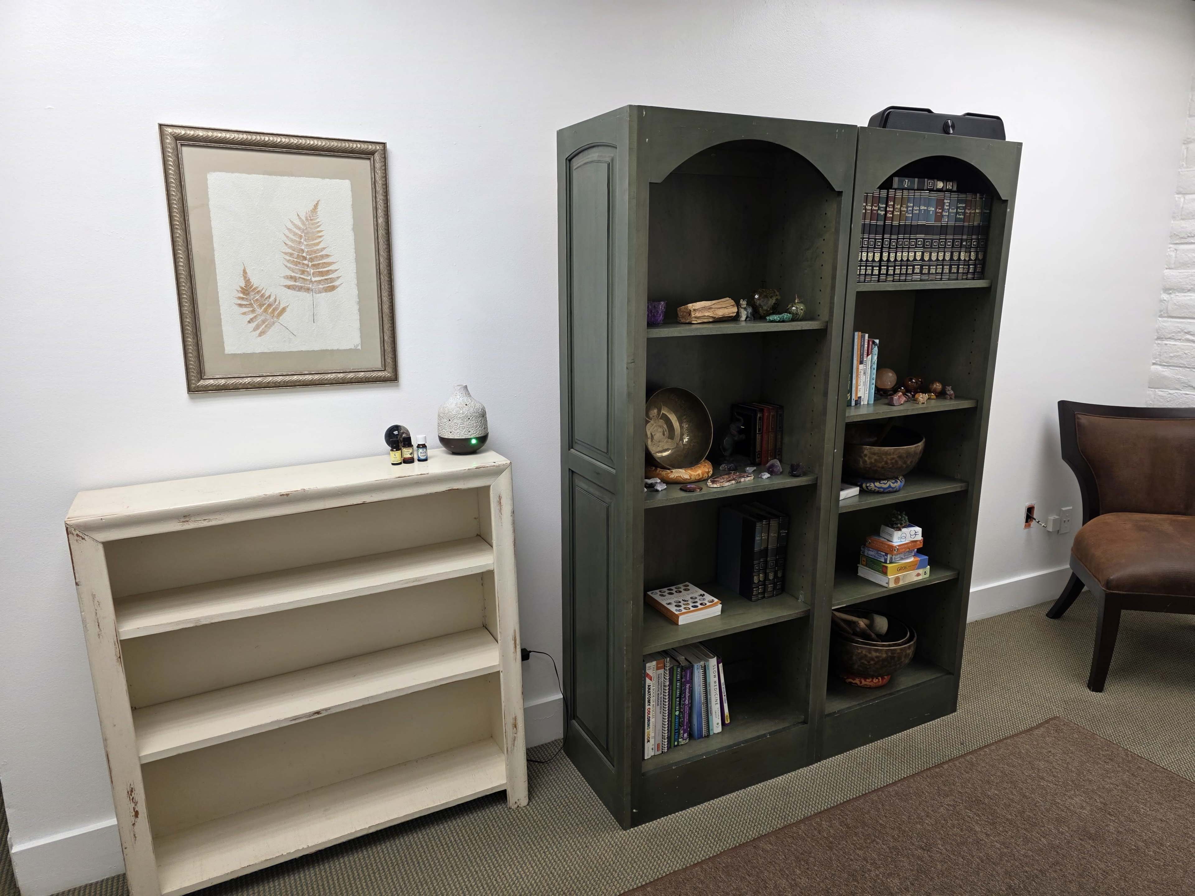 The image shows a small room featuring two bookshelves; one is white and empty, while the other is dark green and filled with books and decorative items.