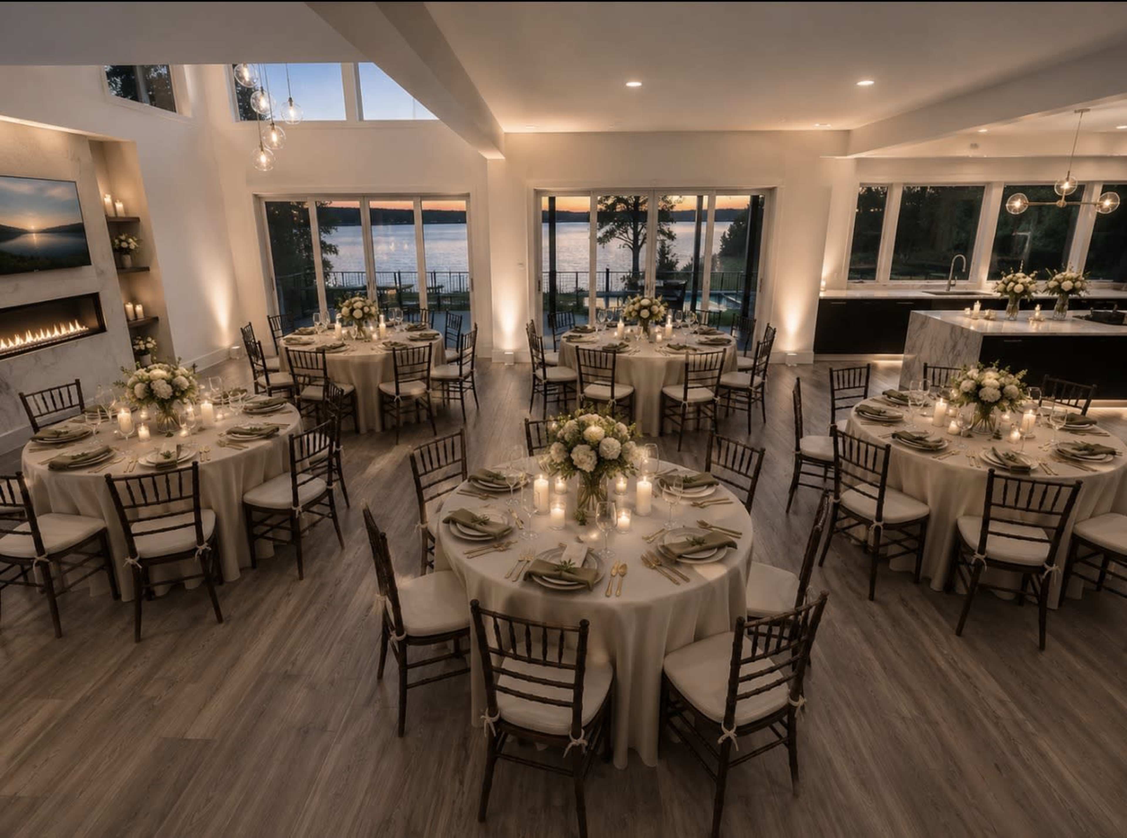 A beautifully arranged dining area features round tables set with floral centerpieces and candles, overlooking a serene lakeside view through large windows.