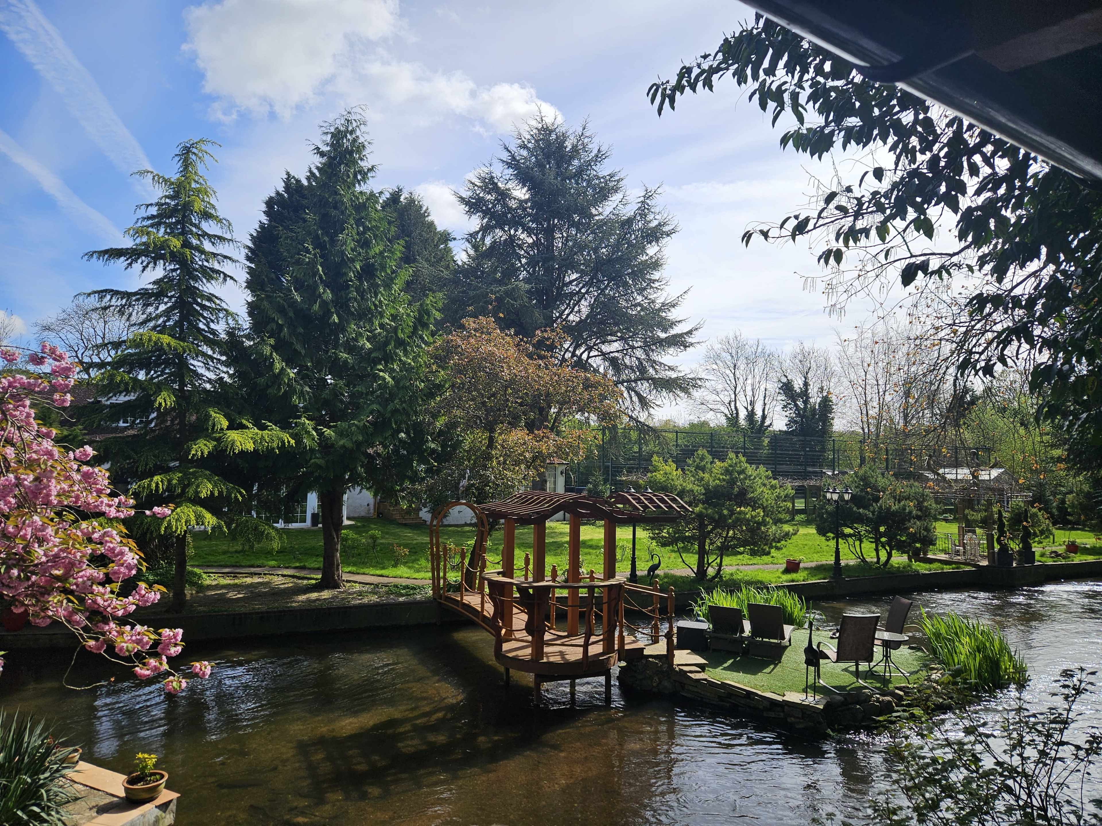 A wooden gazebo is situated on the bank of a tranquil stream, surrounded by lush greenery and flowering trees under a partly cloudy sky.