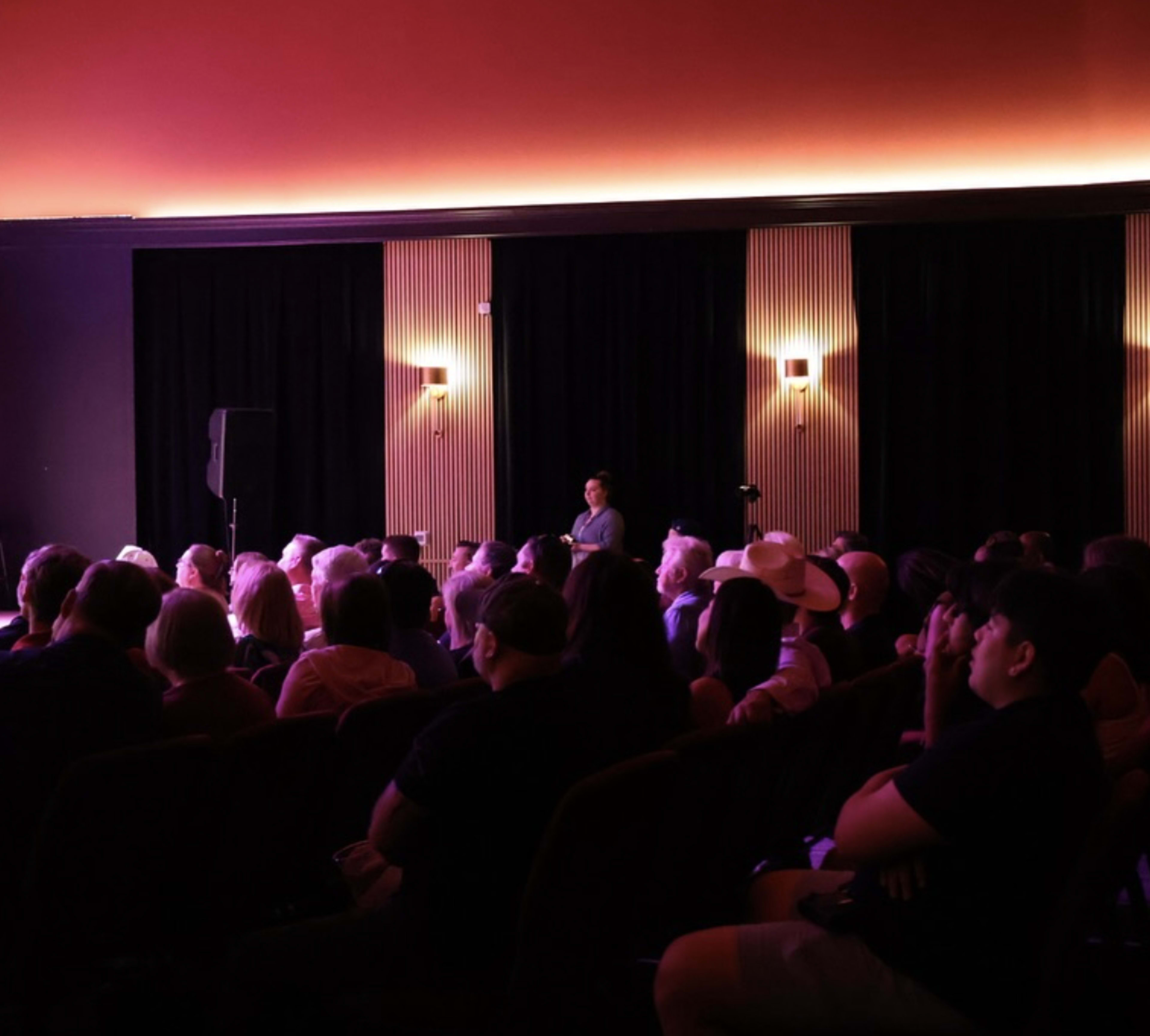 A diverse audience is seated in a dimly lit theater, attentively watching a performance on stage.