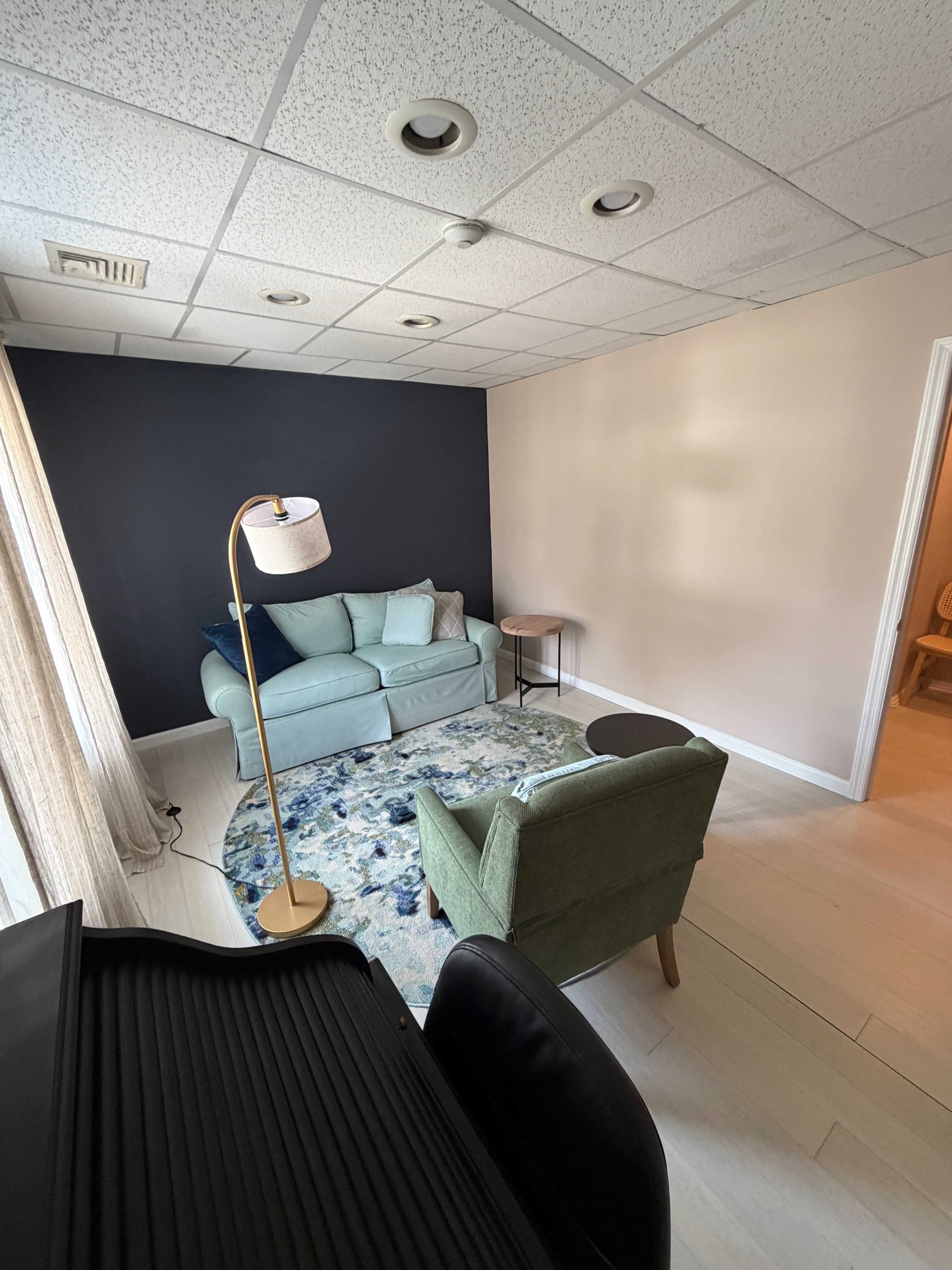 The image shows a room with a teal sofa and a green armchair located on a blue and green patterned area rug, with a floor lamp and a small side table nearby.