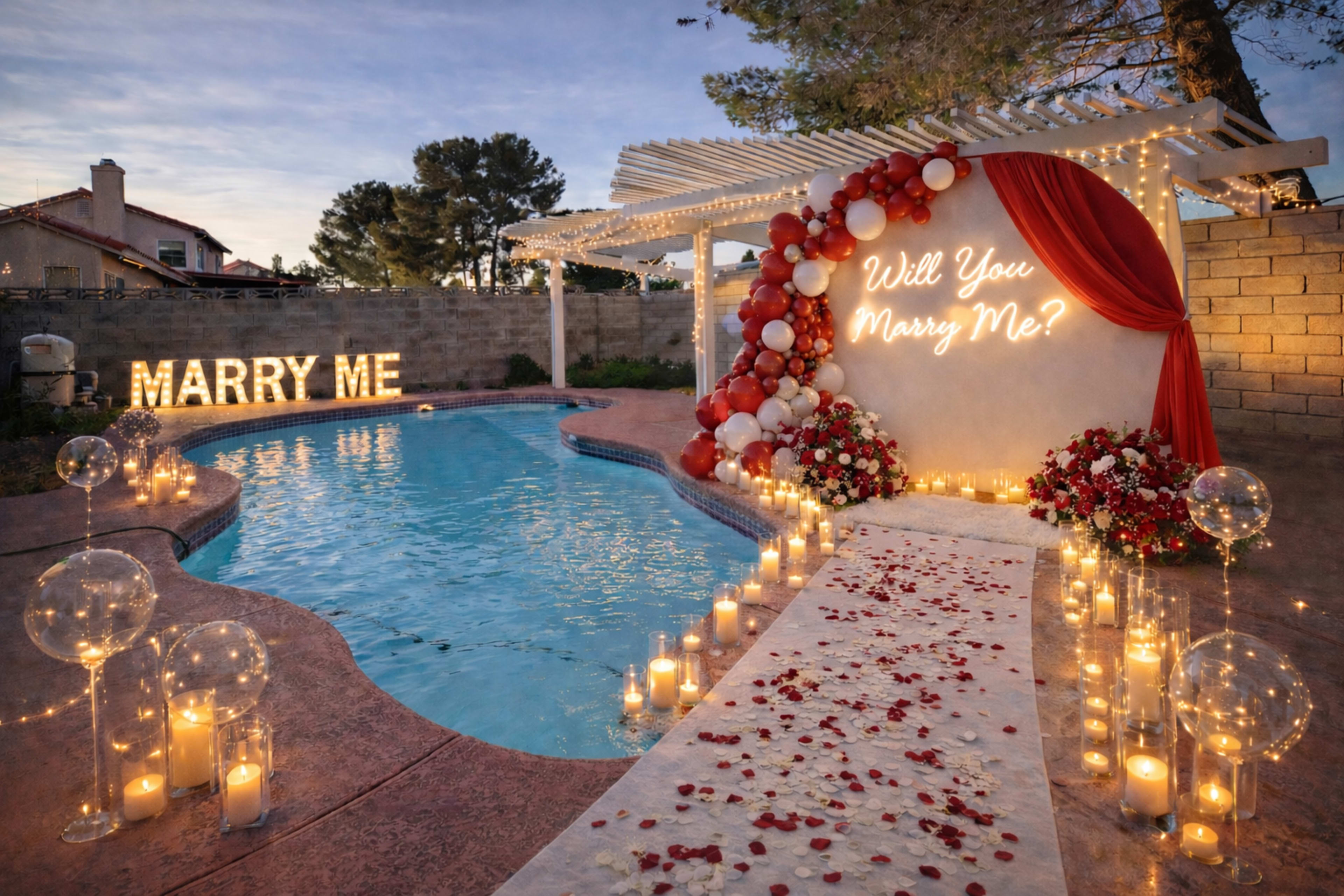 An outdoor proposal setting features a decorated area by a pool with a flower-adorned walkway, glowing candles, and a large sign reading "Will You Marry Me?" along with illuminated letters spelling "MARRY ME."