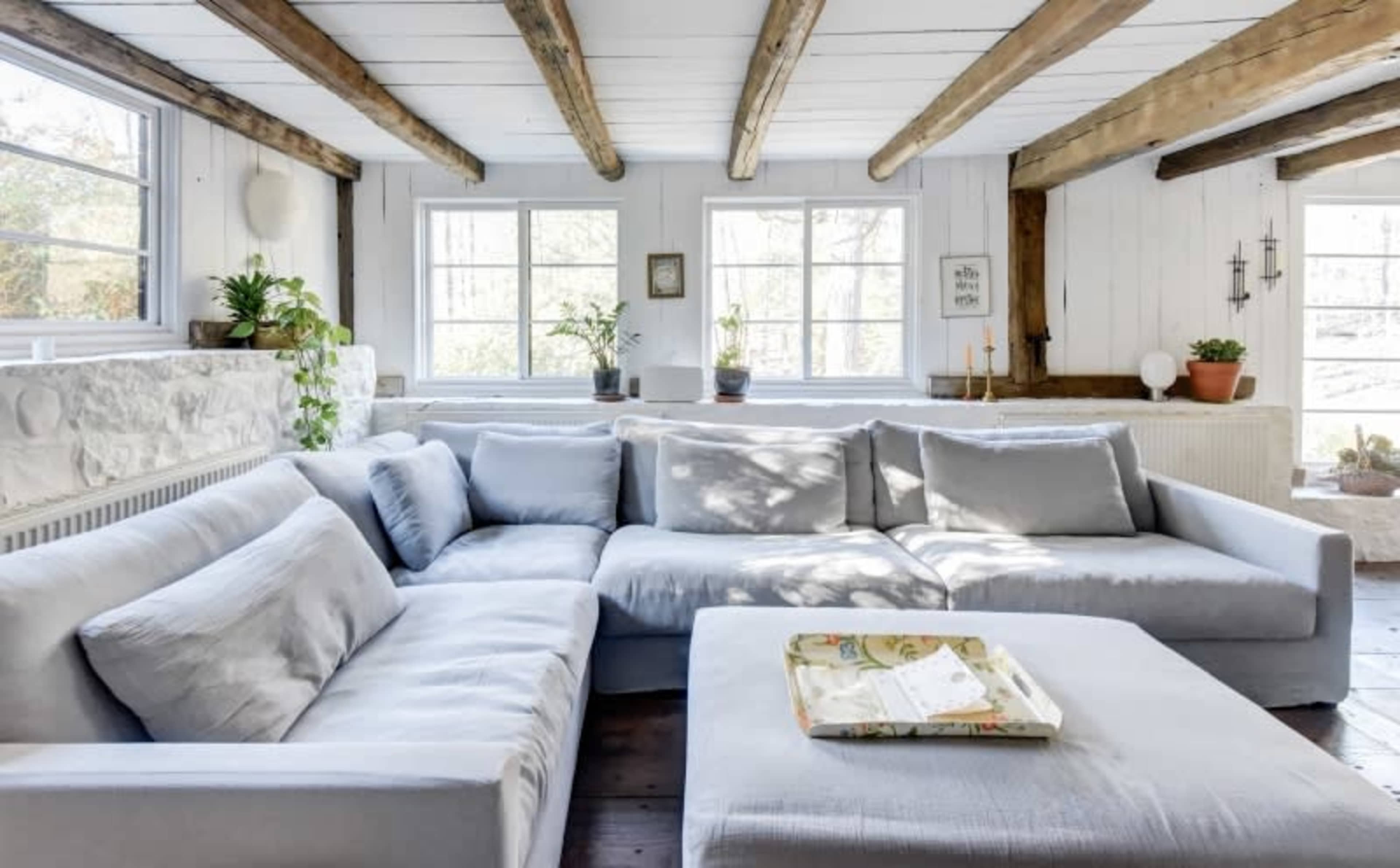 A bright, inviting living room featuring a large light gray sectional sofa, a coffee table, and several plants in windows.