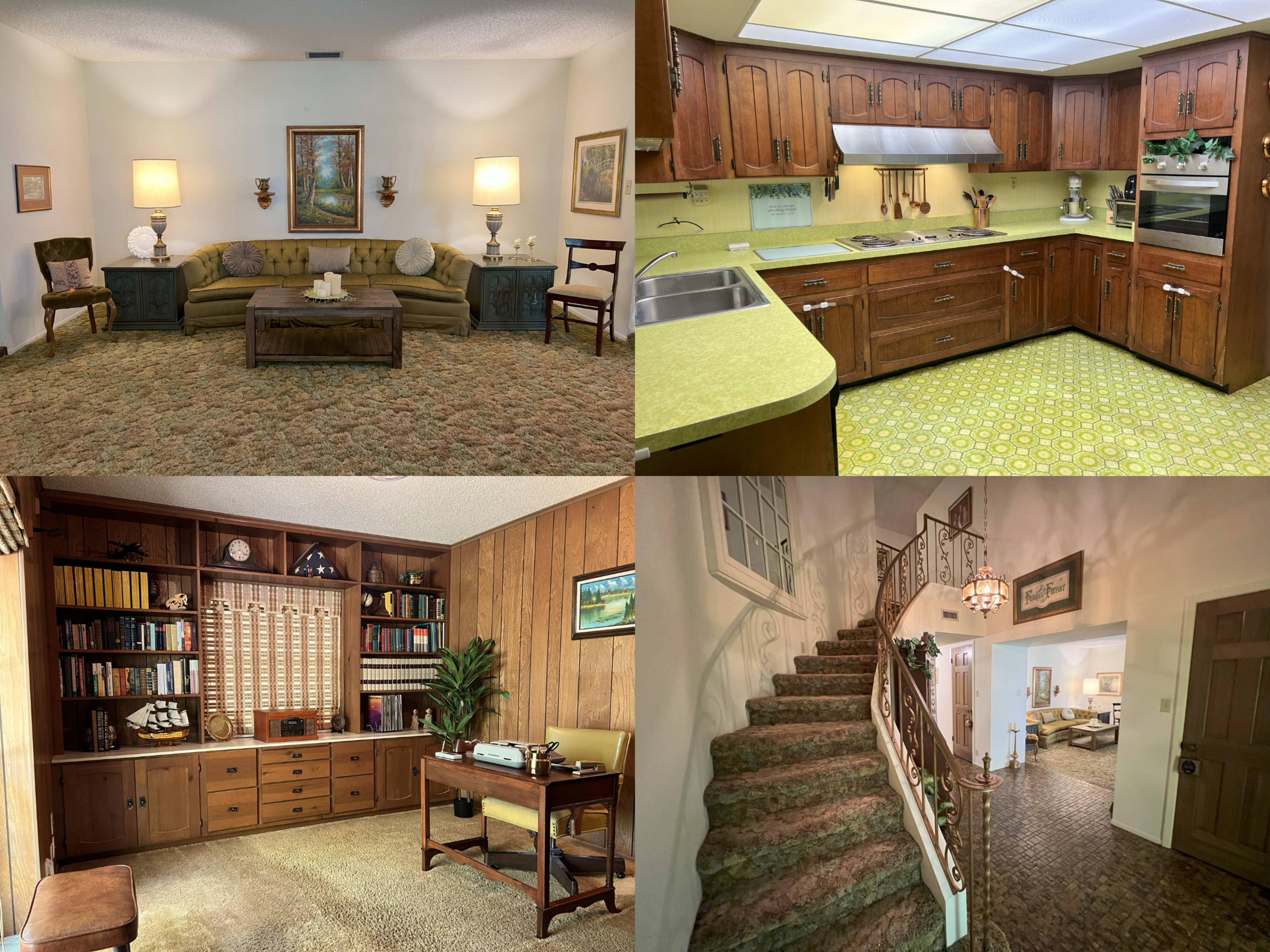 The image showcases a retro-style interior featuring a living room, kitchen, study, and staircase, all characterized by vintage decor and carpet.