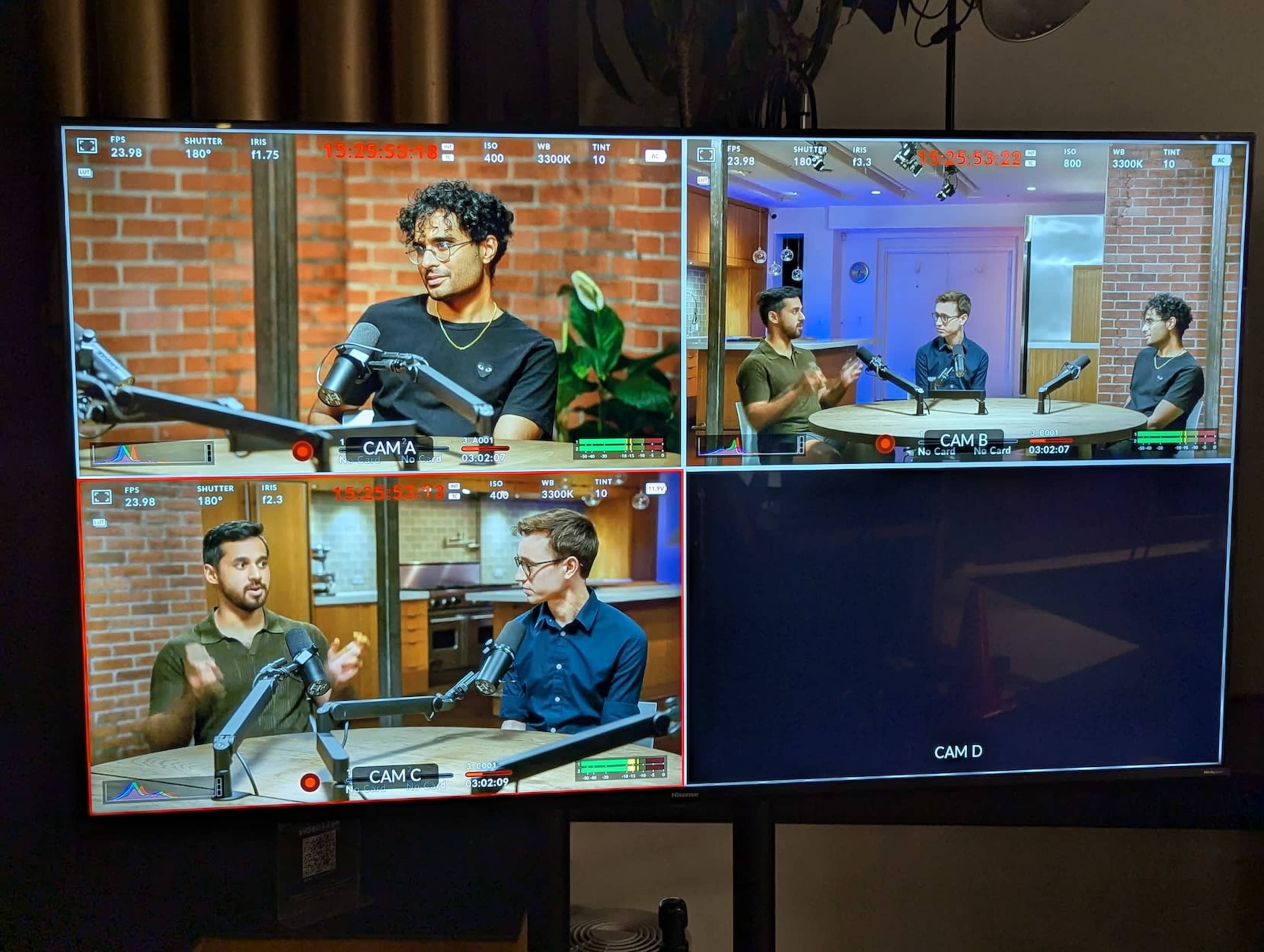 A multi-camera setup displays four angles of a podcast recording session featuring several speakers around a table with microphones.