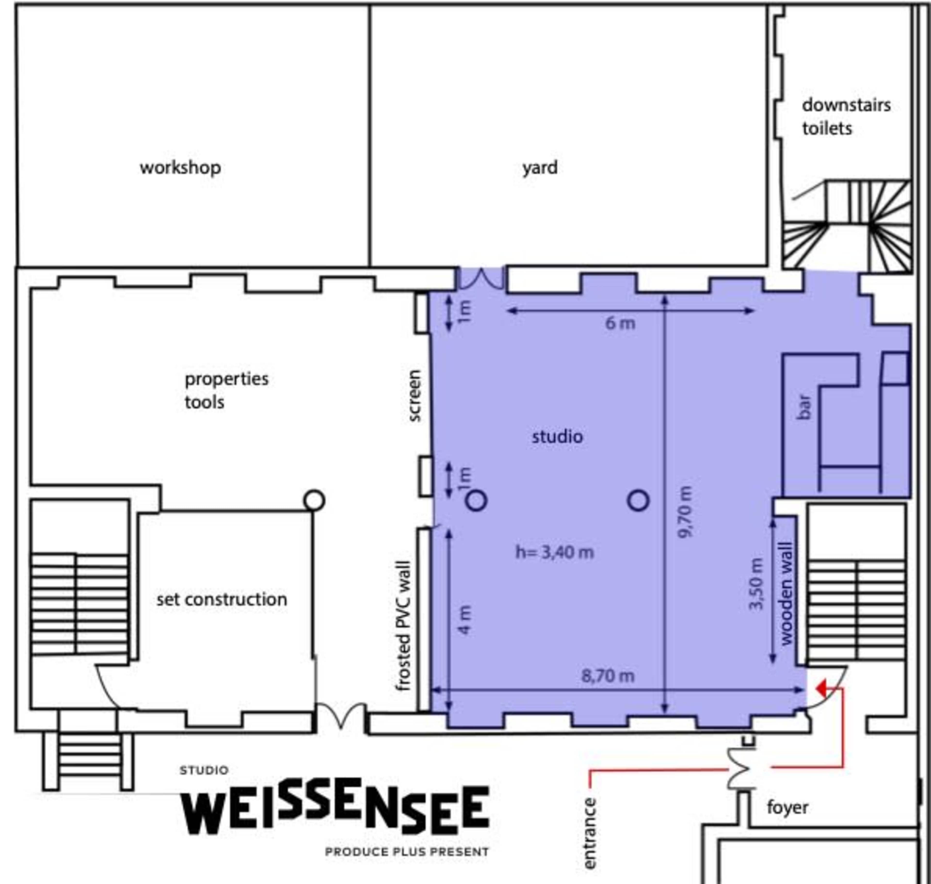 The diagram shows the layout of a studio space, including sections for a workshop, properties room, set construction area, and a foyer, marked with dimensions and labeled entry points.