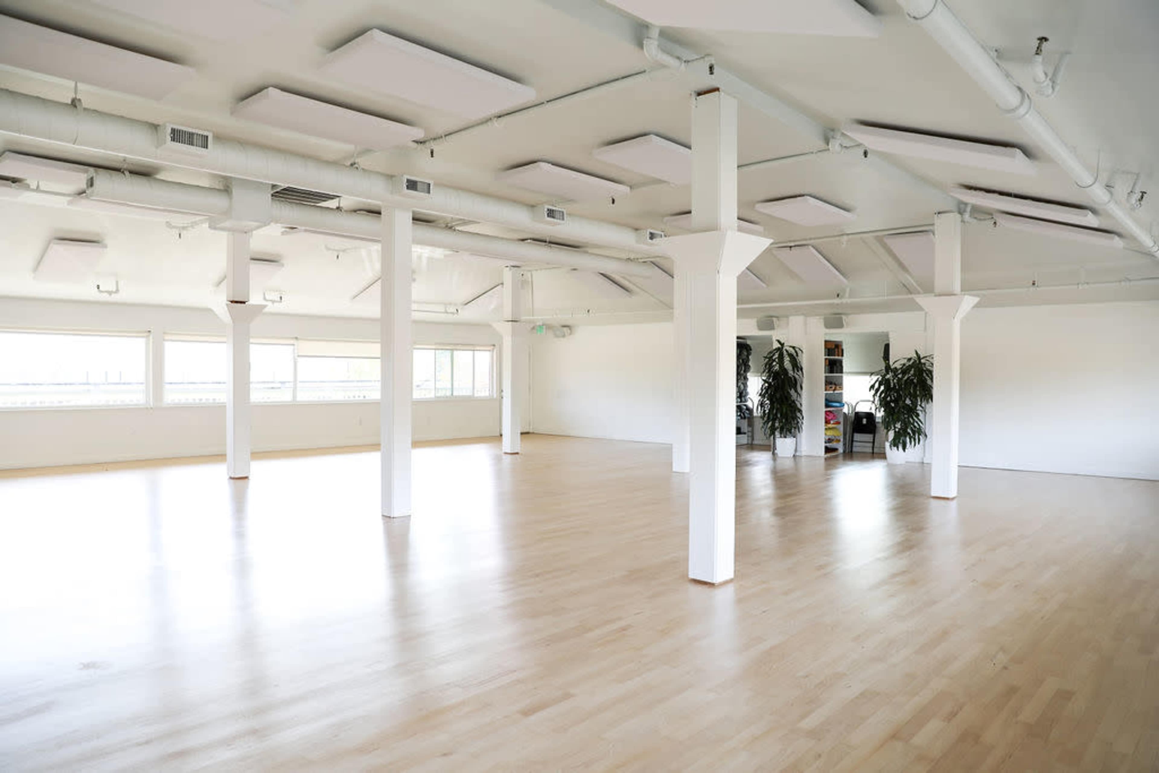 A large, empty studio space with white walls, wooden flooring, and several columns.