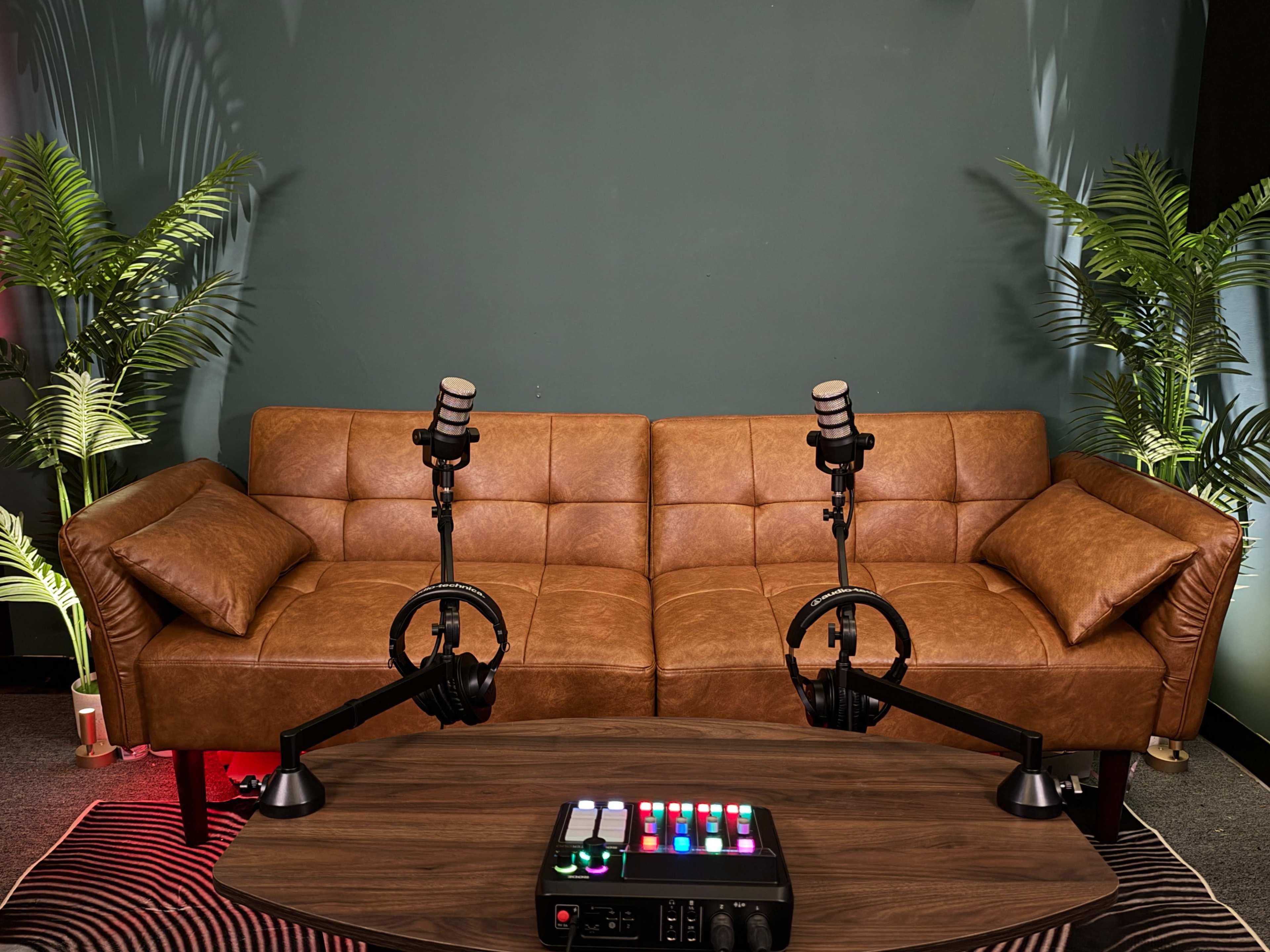 The image shows a brown leather sofa with two microphones on stands and headphones placed on a wooden table, set against a green wall with plants on either side.