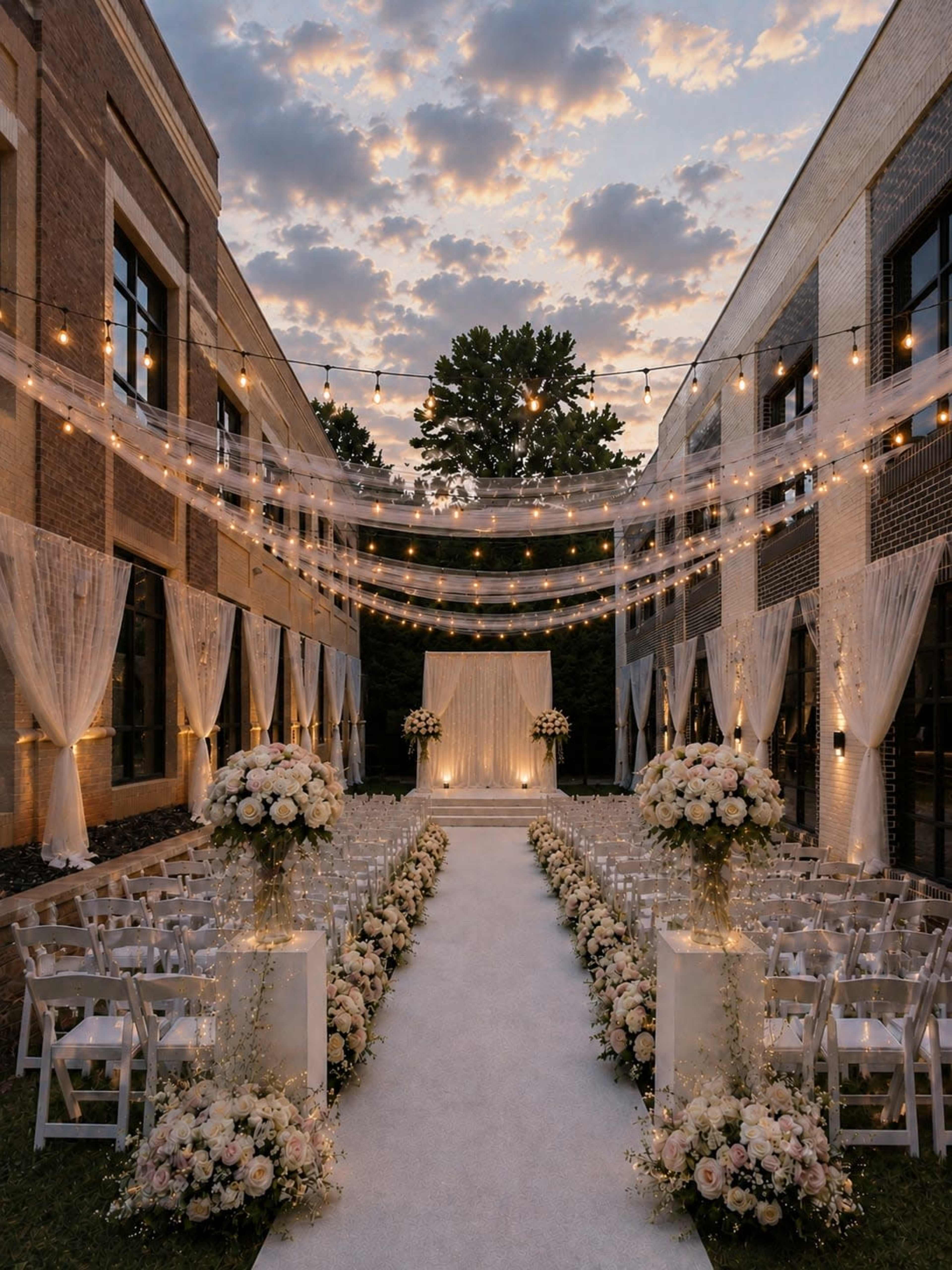 A wedding venue features a floral-adorned aisle leading to an elegantly draped backdrop, illuminated by string lights against a dusk sky.
