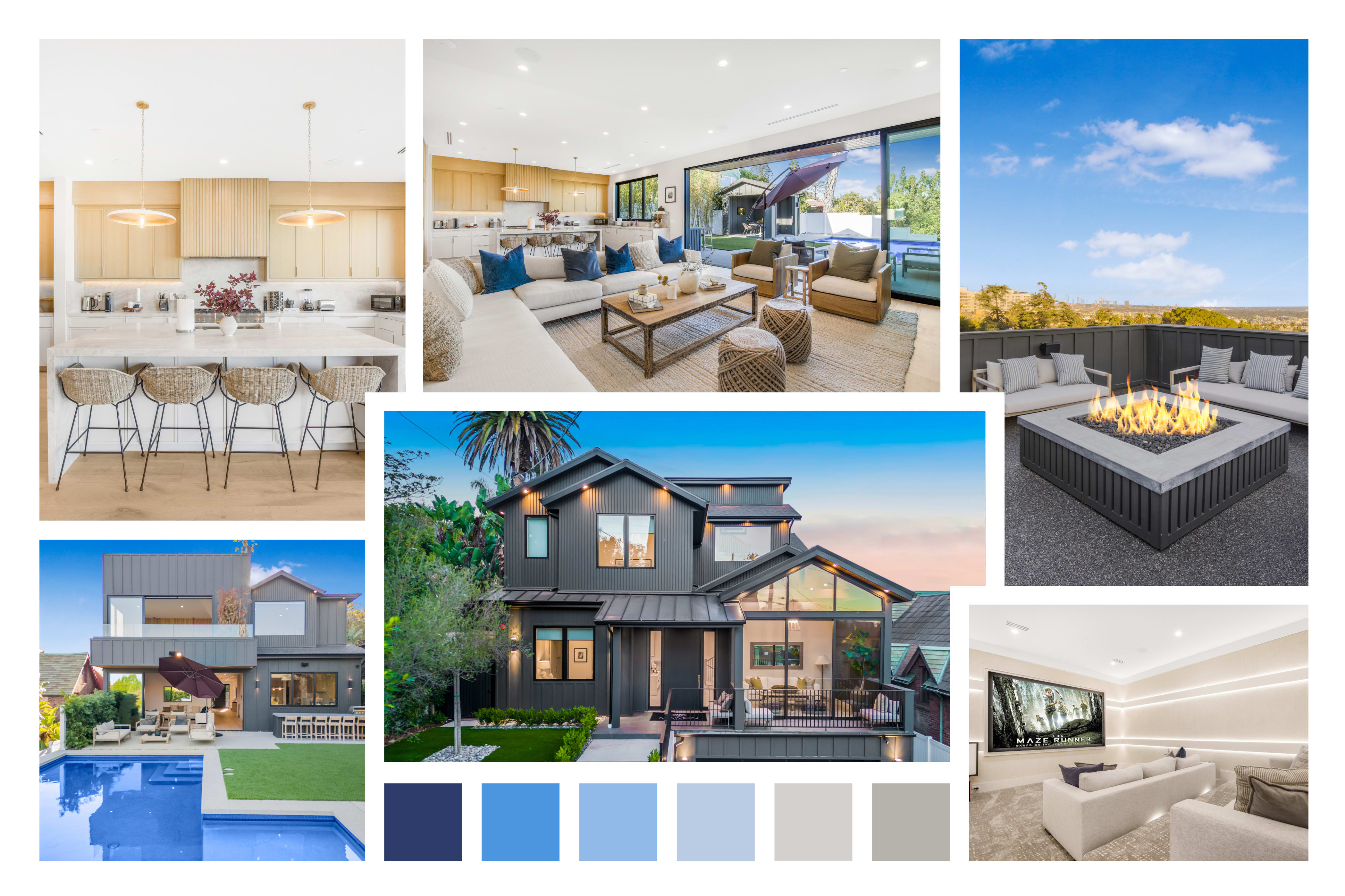 The image features a collage of modern home designs, including interior living spaces, an outdoor fire pit, a pool, and various color palettes.