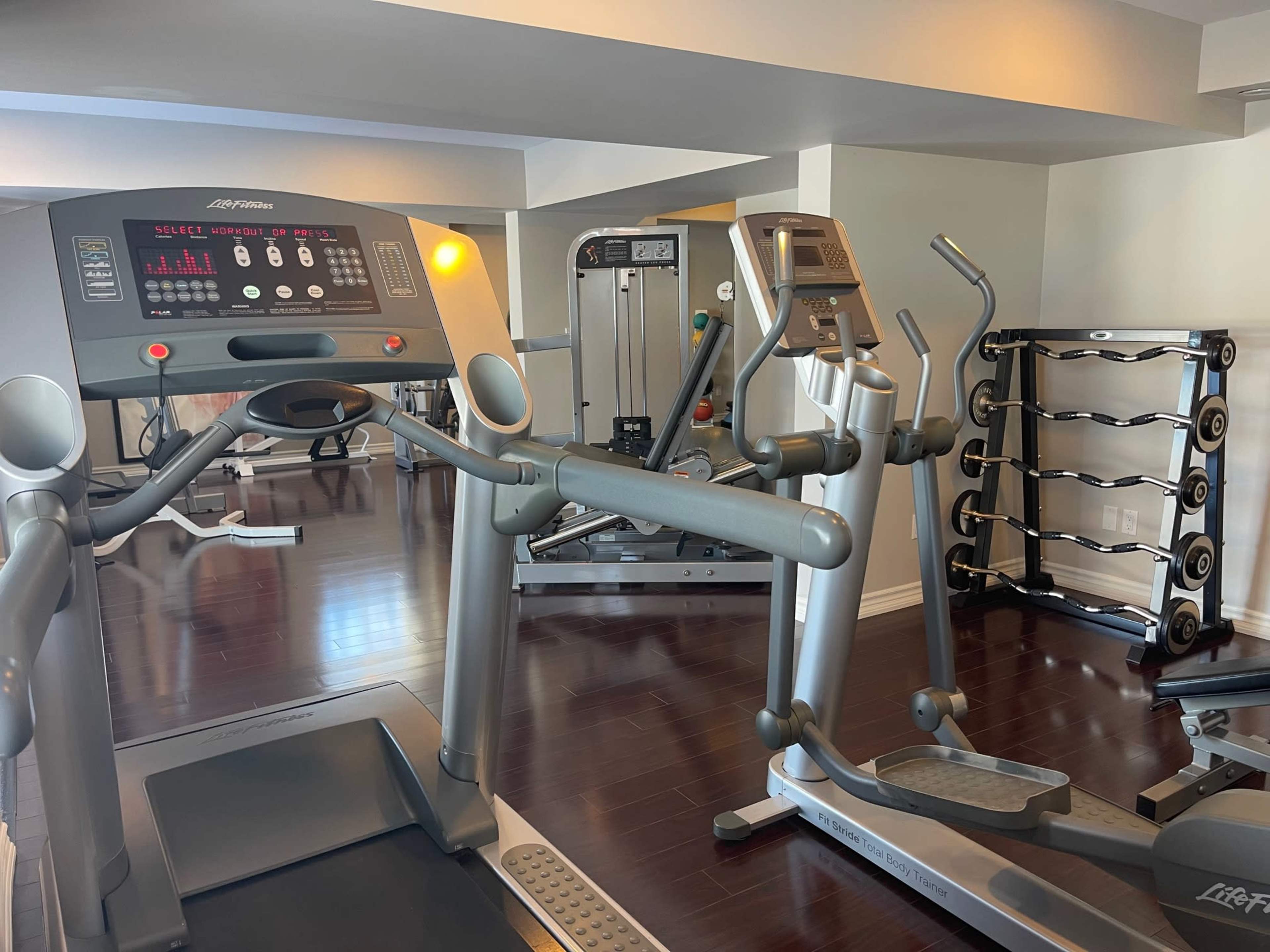 The image shows a modern gym interior featuring various exercise machines, including a treadmill, elliptical, and weight rack.