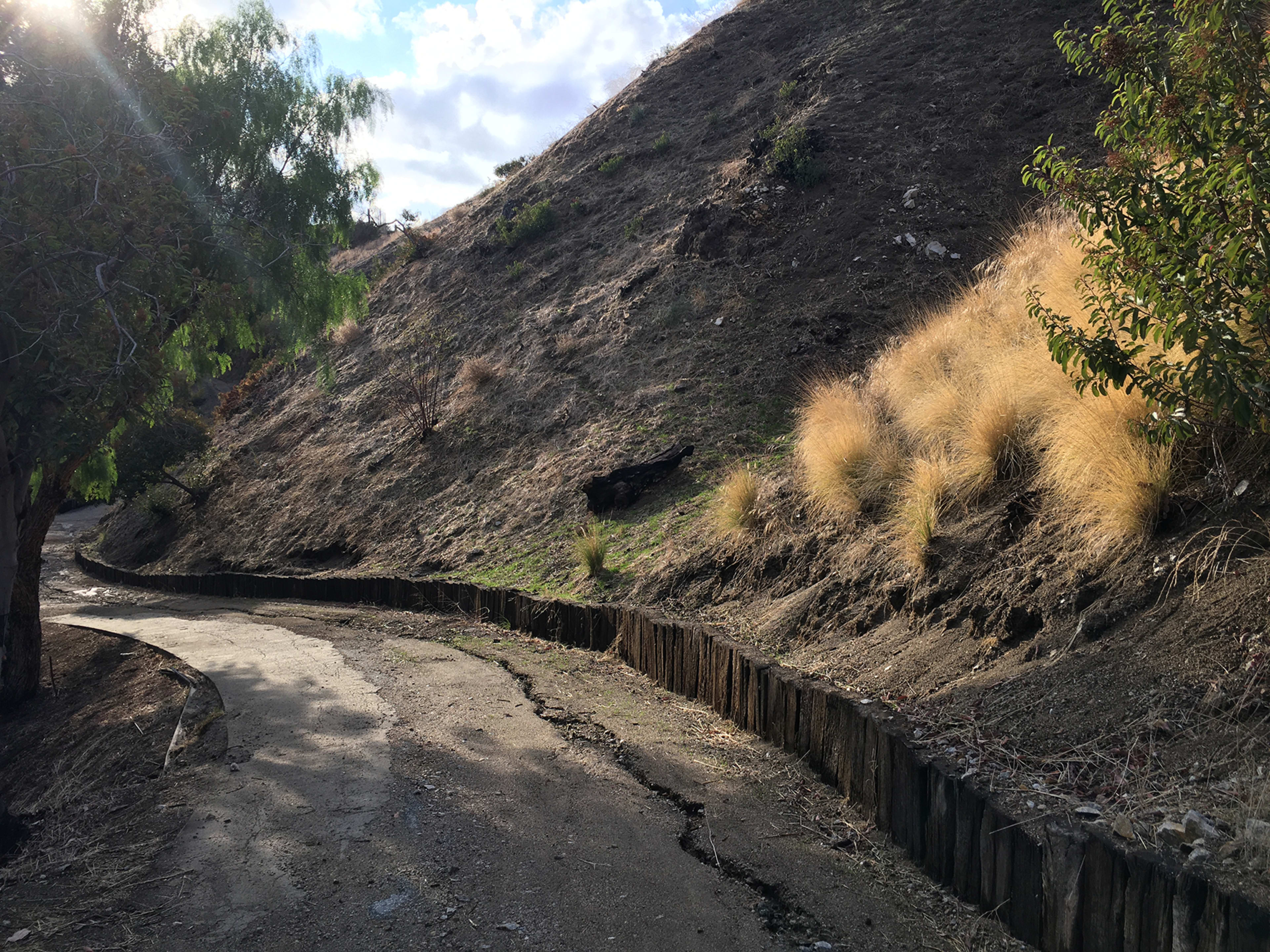 A dirt path winds alongside a sloped hillside with sparse vegetation and dry grasses.