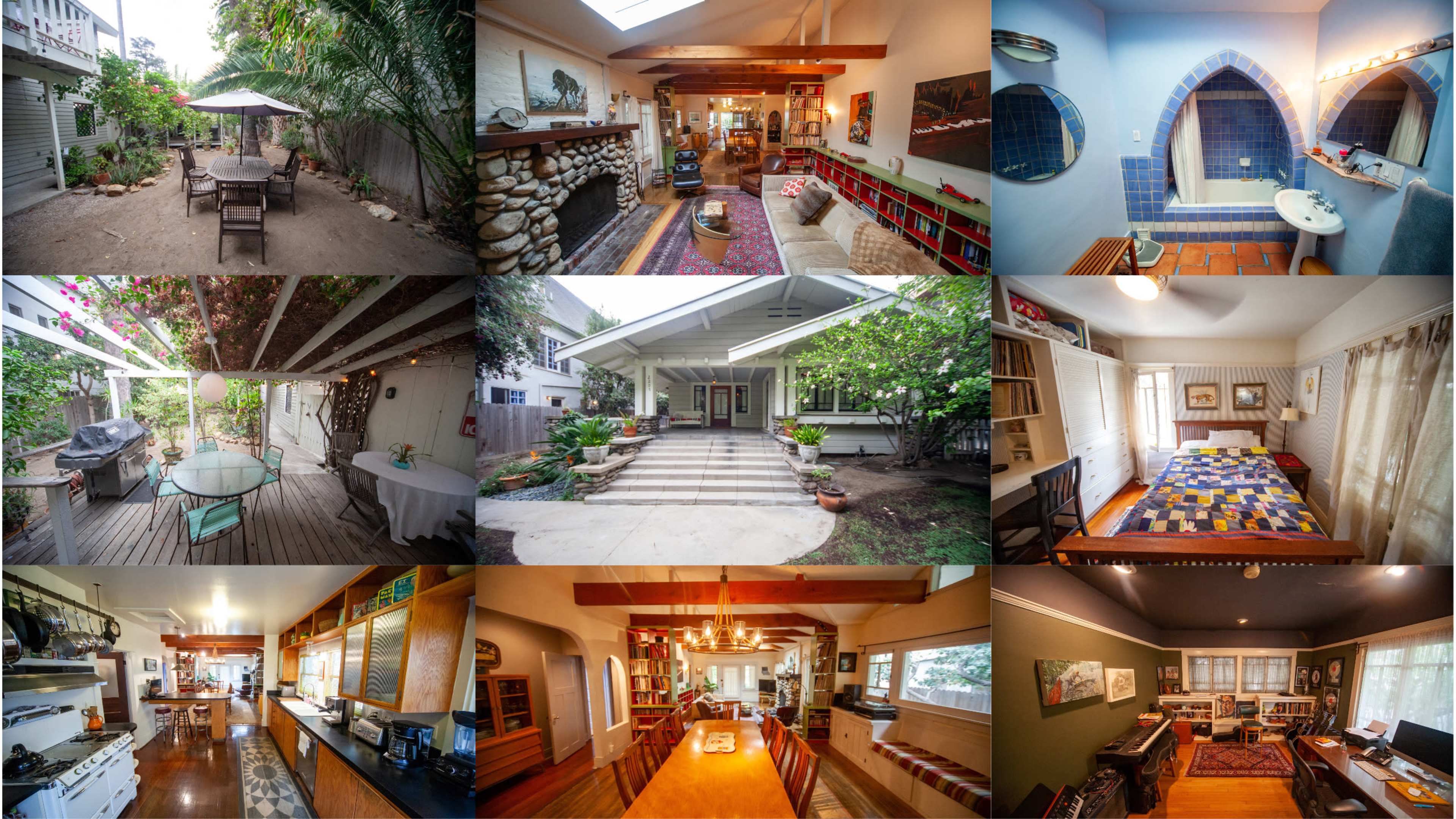 A collage of nine photographs showcasing various areas and rooms of a house, including outdoor spaces, living areas, dining areas, and kitchens.