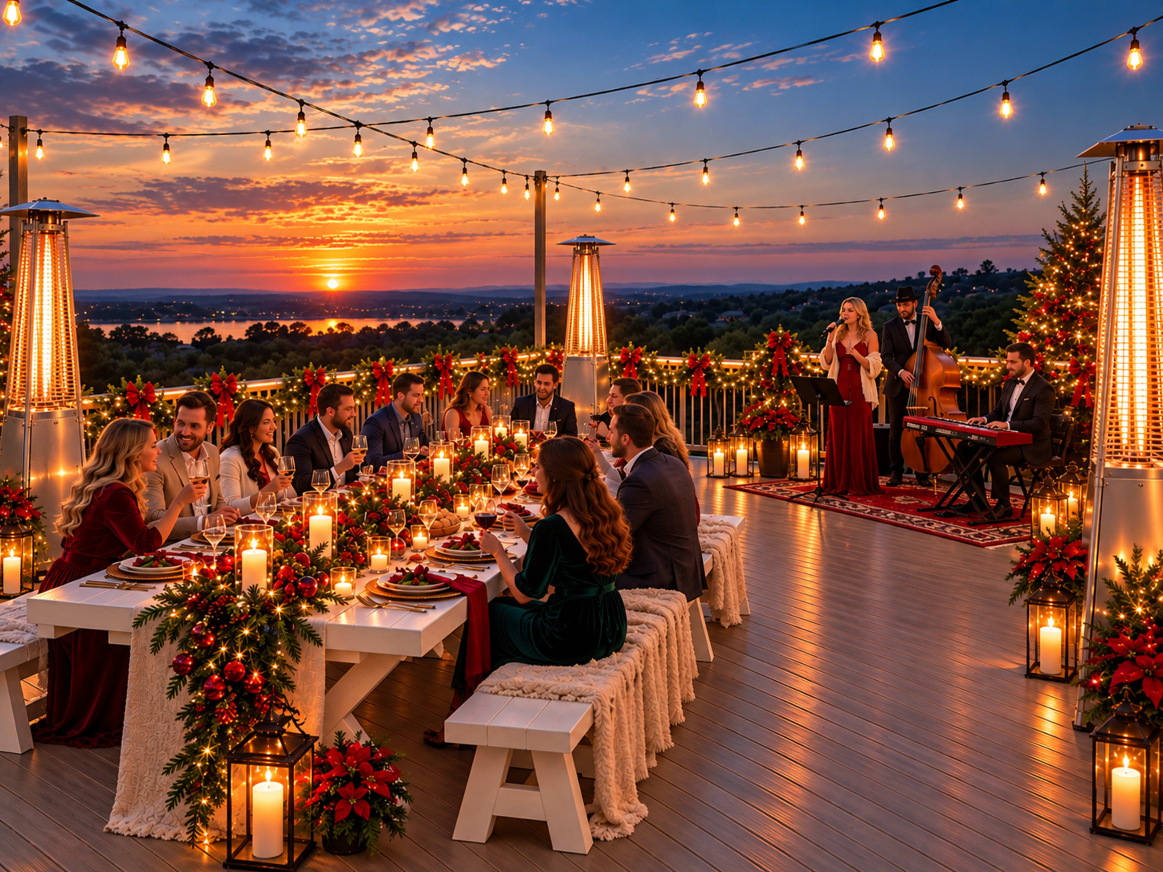 A large outdoor dining setup is elegantly arranged on a terrace, with guests seated around tables adorned with festive decorations, as the sun sets in the background.