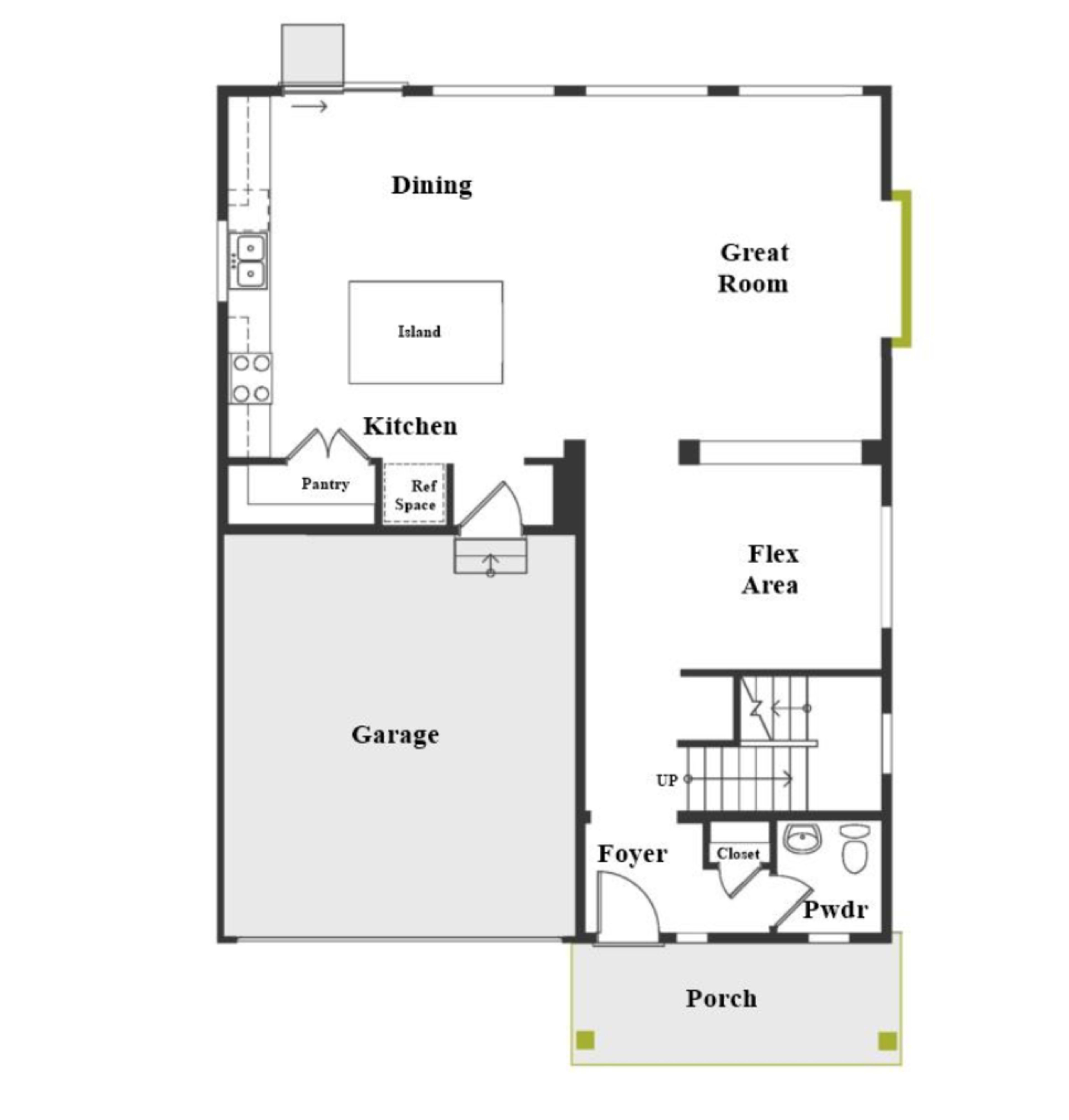 The image is a floor plan of a house featuring a great room, kitchen, dining area, garage, flex area, foyer, powder room, and porch.