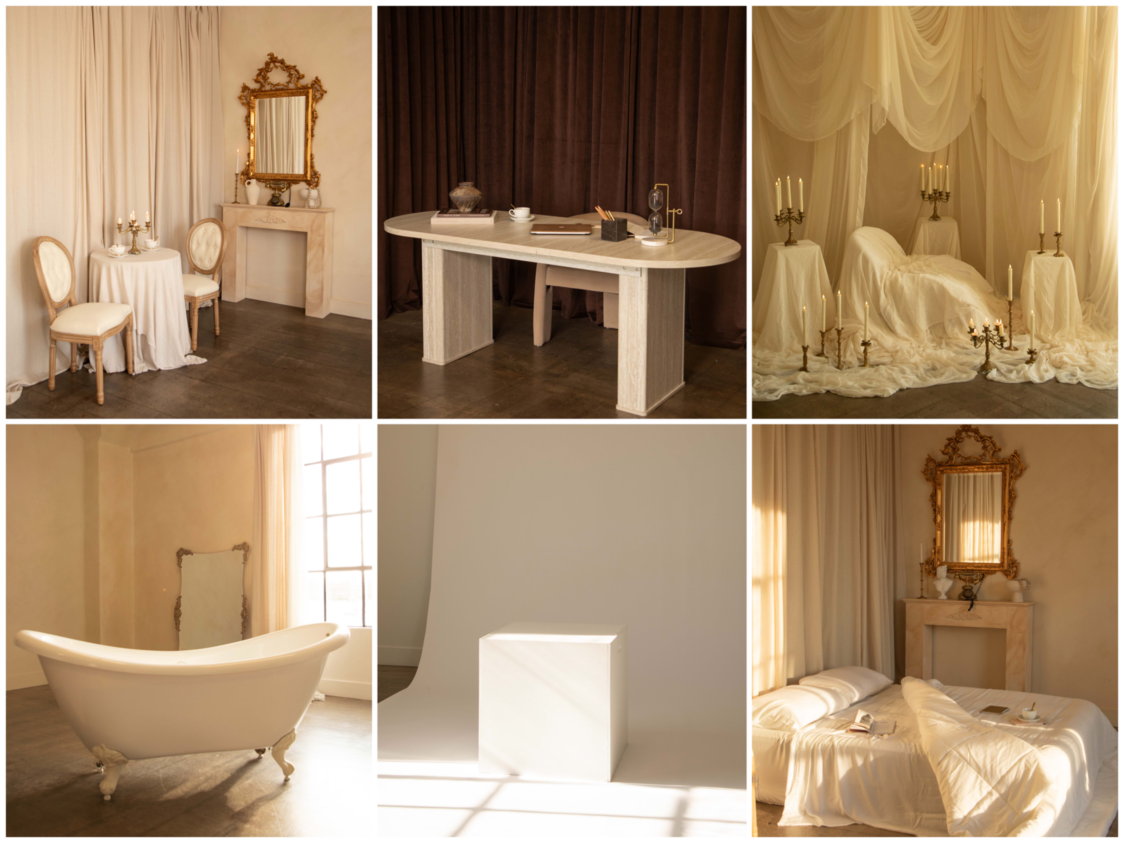 The image showcases a series of six interior scenes featuring minimalistic and elegantly arranged furniture, including a mirror, table, bathtubs, and soft drapery in neutral colors.