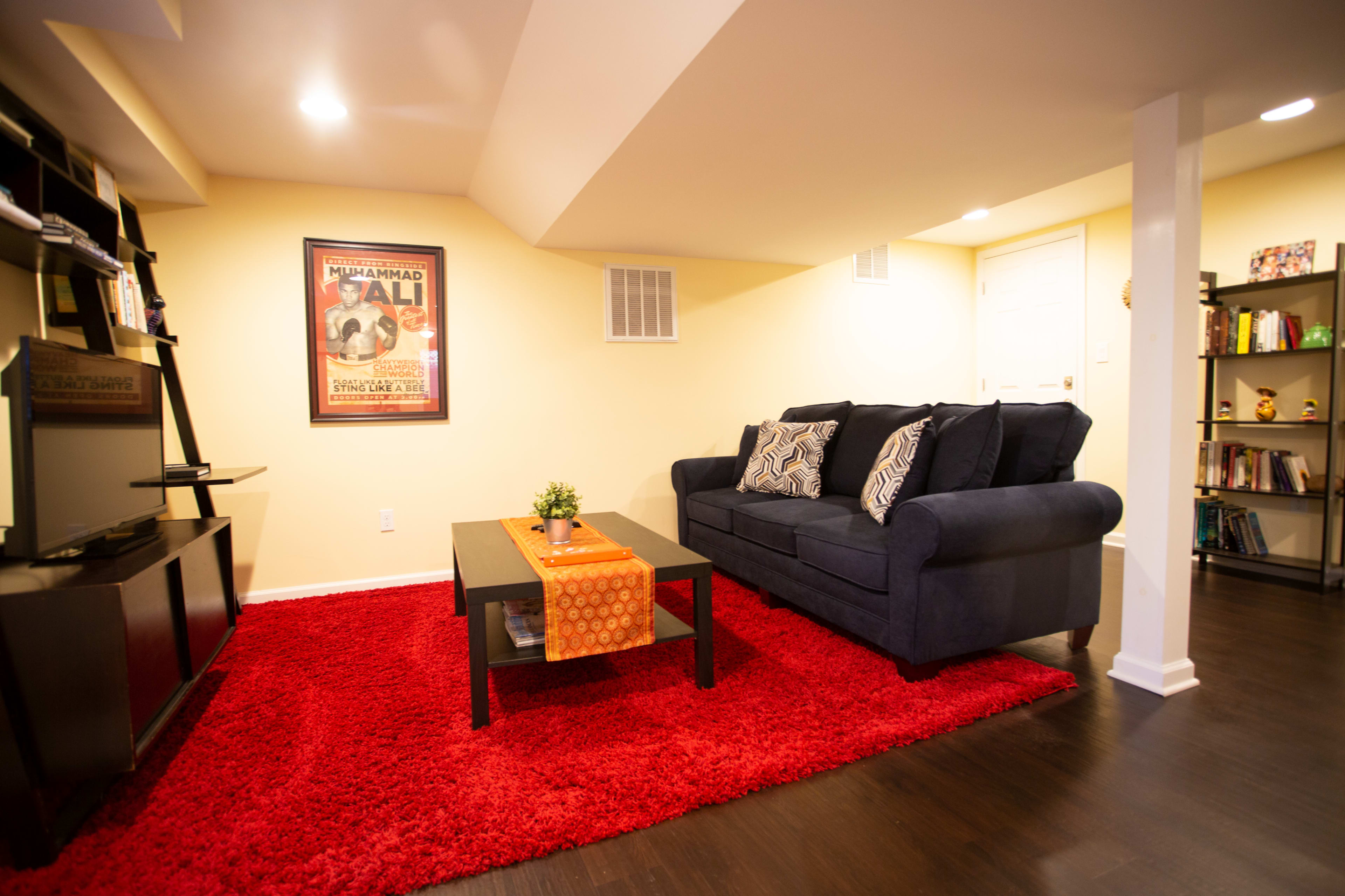 The image shows a cozy basement living area featuring a blue couch, a red area rug, a coffee table with a decorative centerpiece, and bookshelves against the walls.